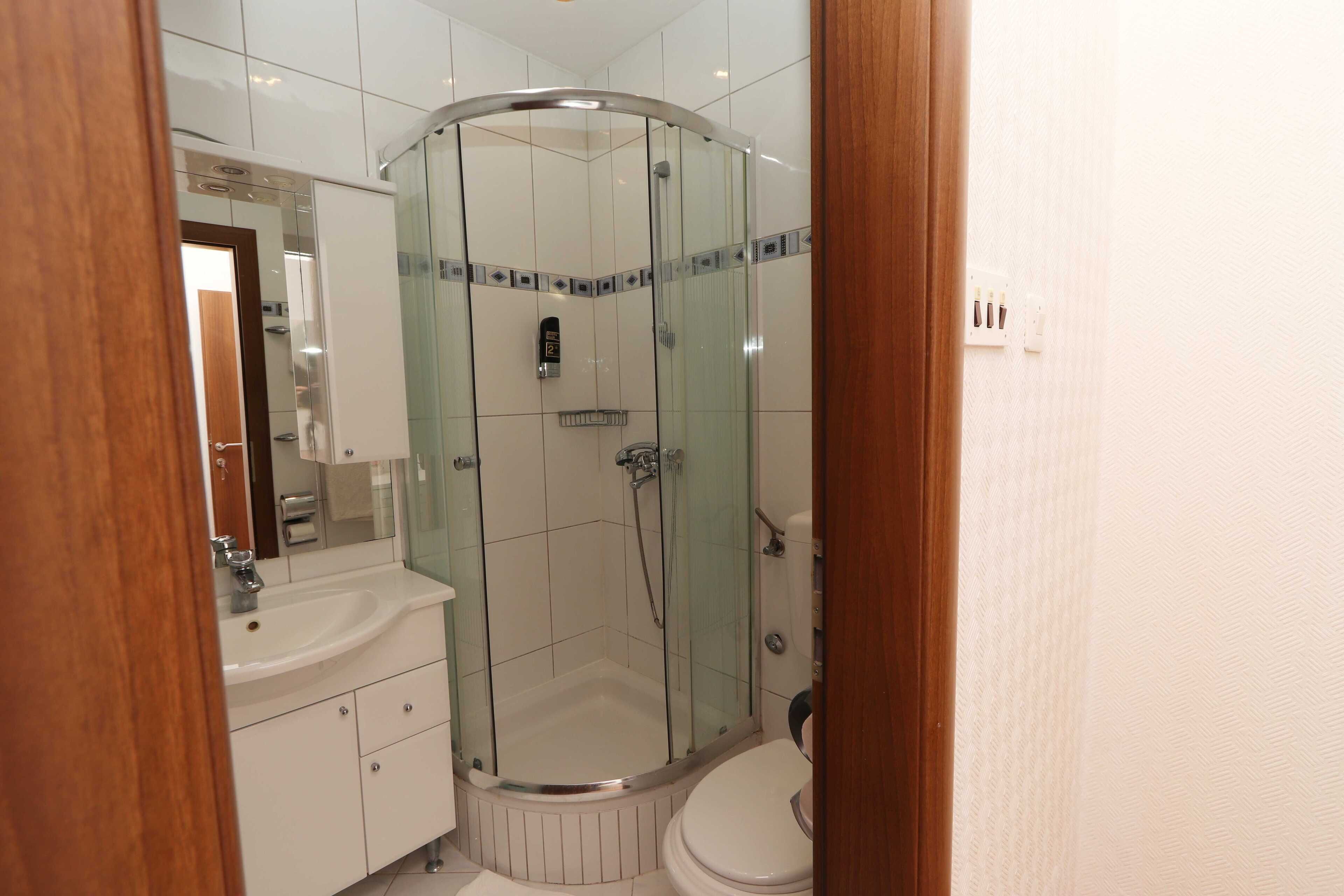 Un baño moderno con ducha envuelta en vidrio, un lavamanos blanco y un inodoro.
