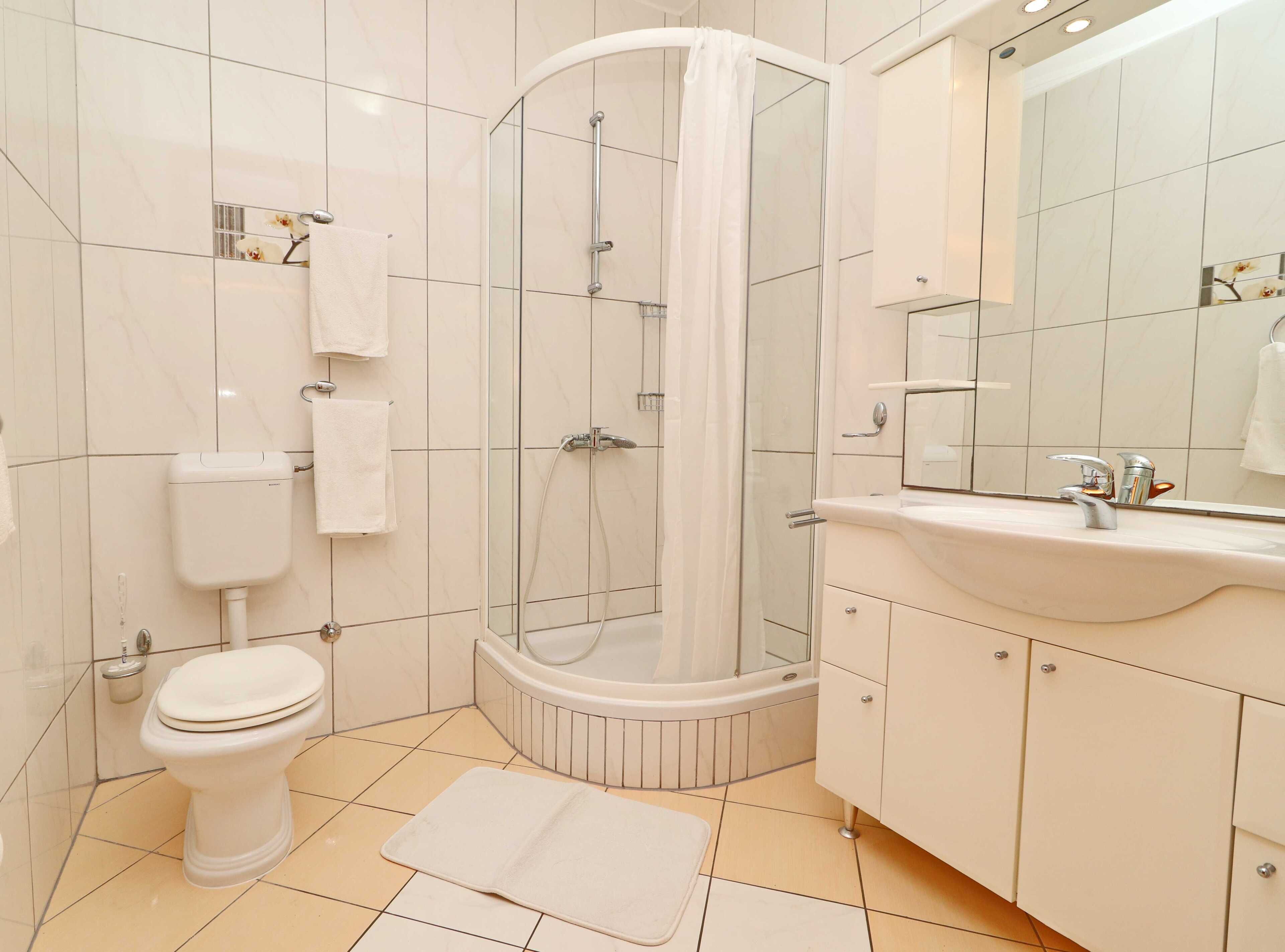 A modern bathroom with a toilet, a shower enclosure, a sink, and a mirror.