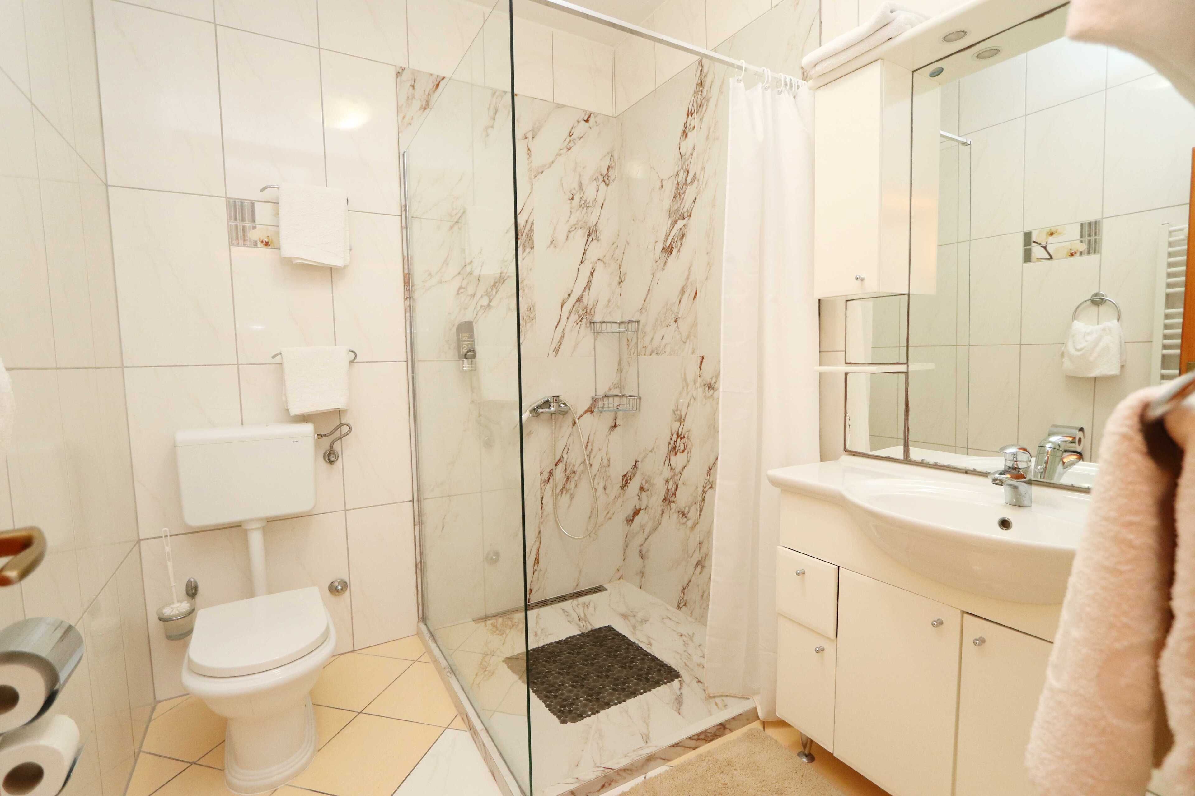 A bathroom with a glass-enclosed shower, a toilet, a sink, and a mirror.