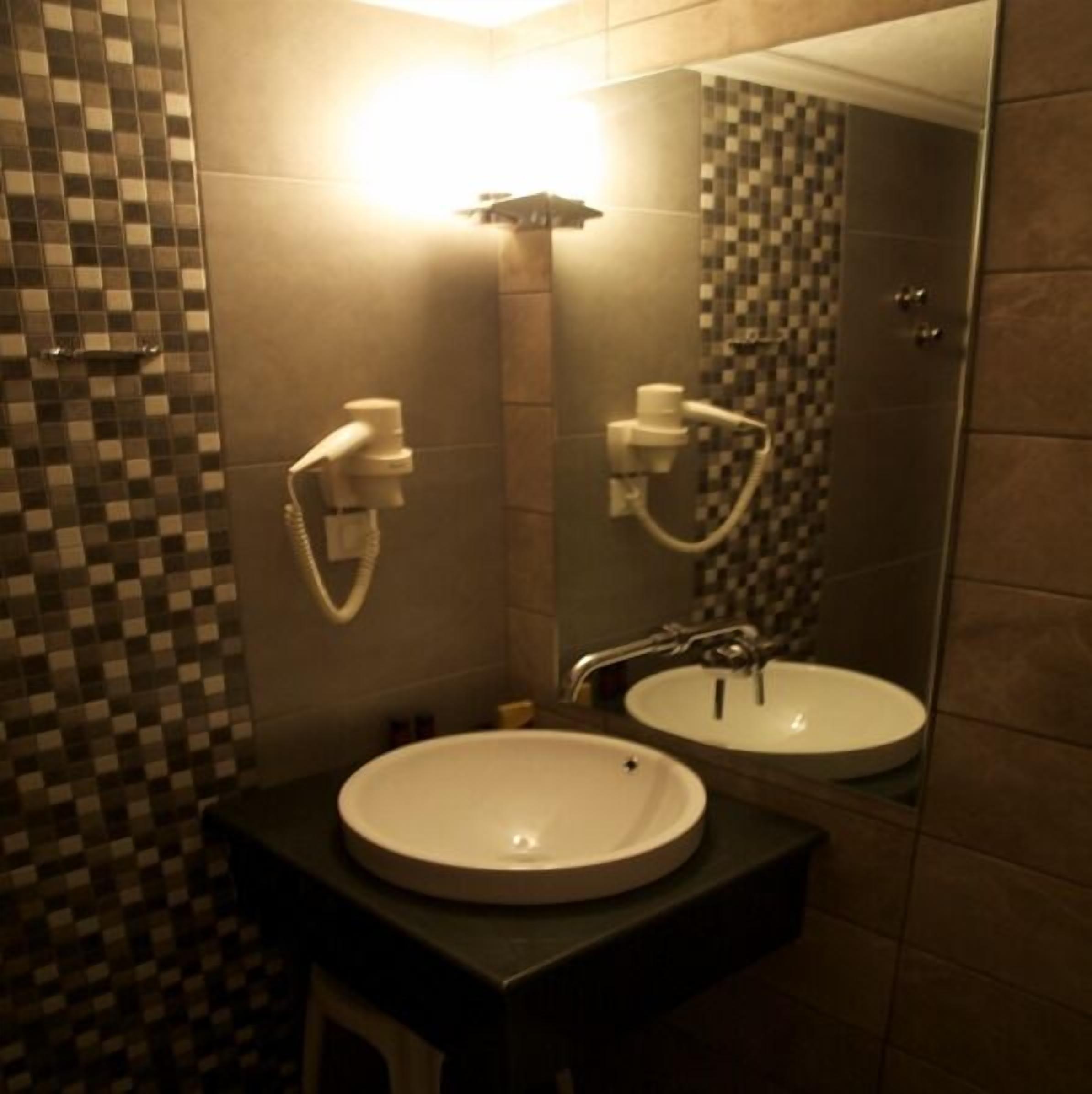 A bathroom with a round sink, a mirror, and a shower with a handheld showerhead.