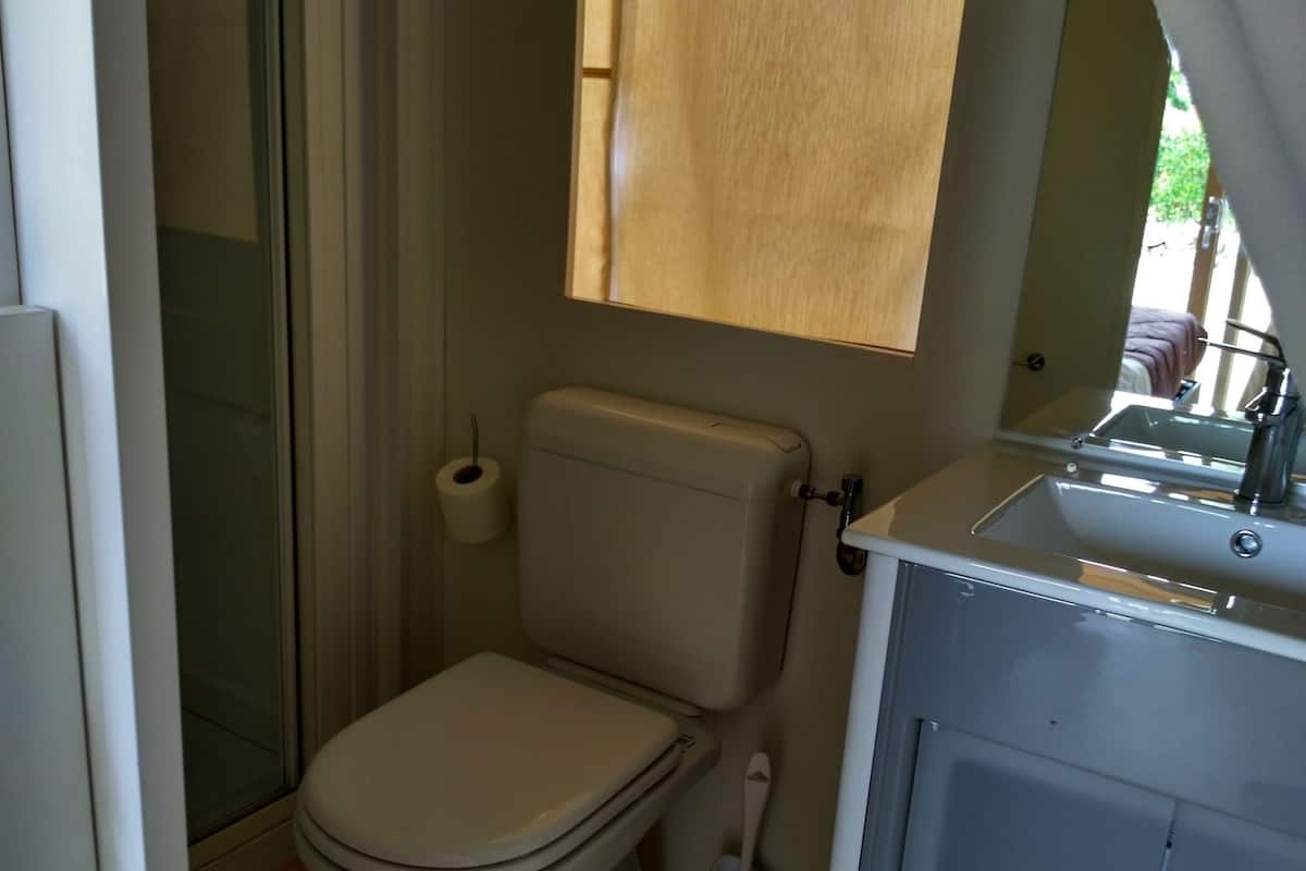 A bathroom with a toilet, a shower, and a sink.