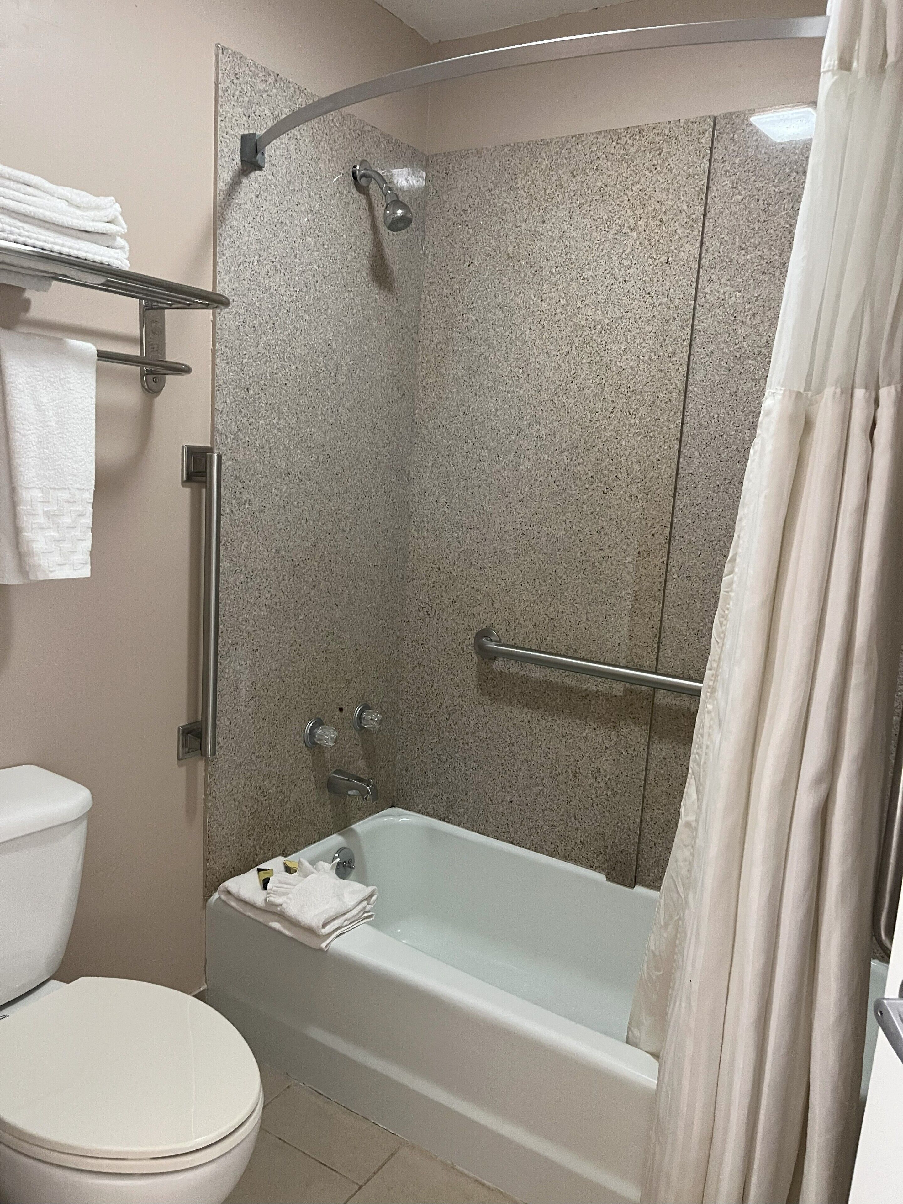 A bathroom with a shower, toilet, and bathtub.