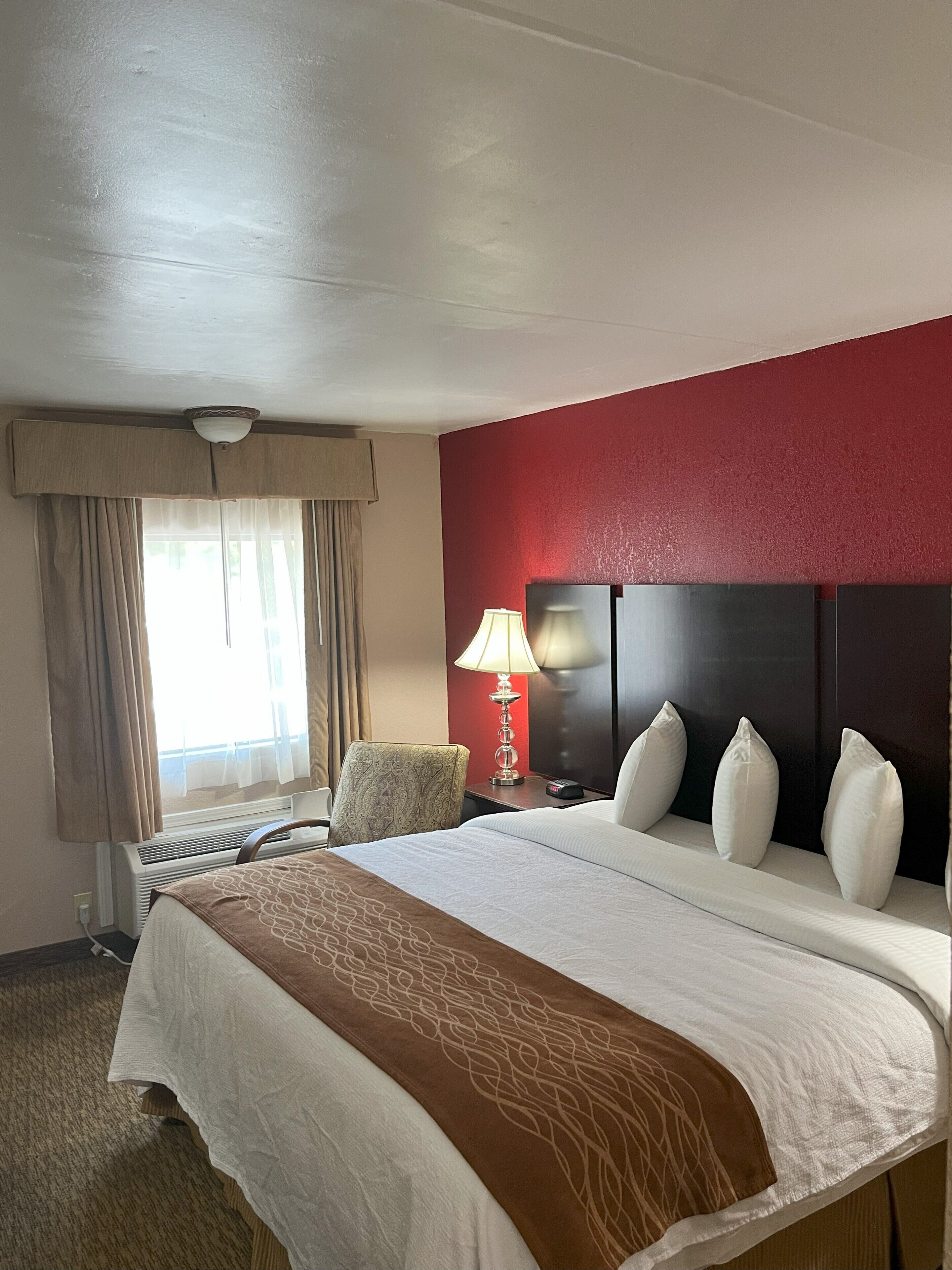 A hotel room with a large bed, a bedside table with a lamp, a chair, and a window with curtains.