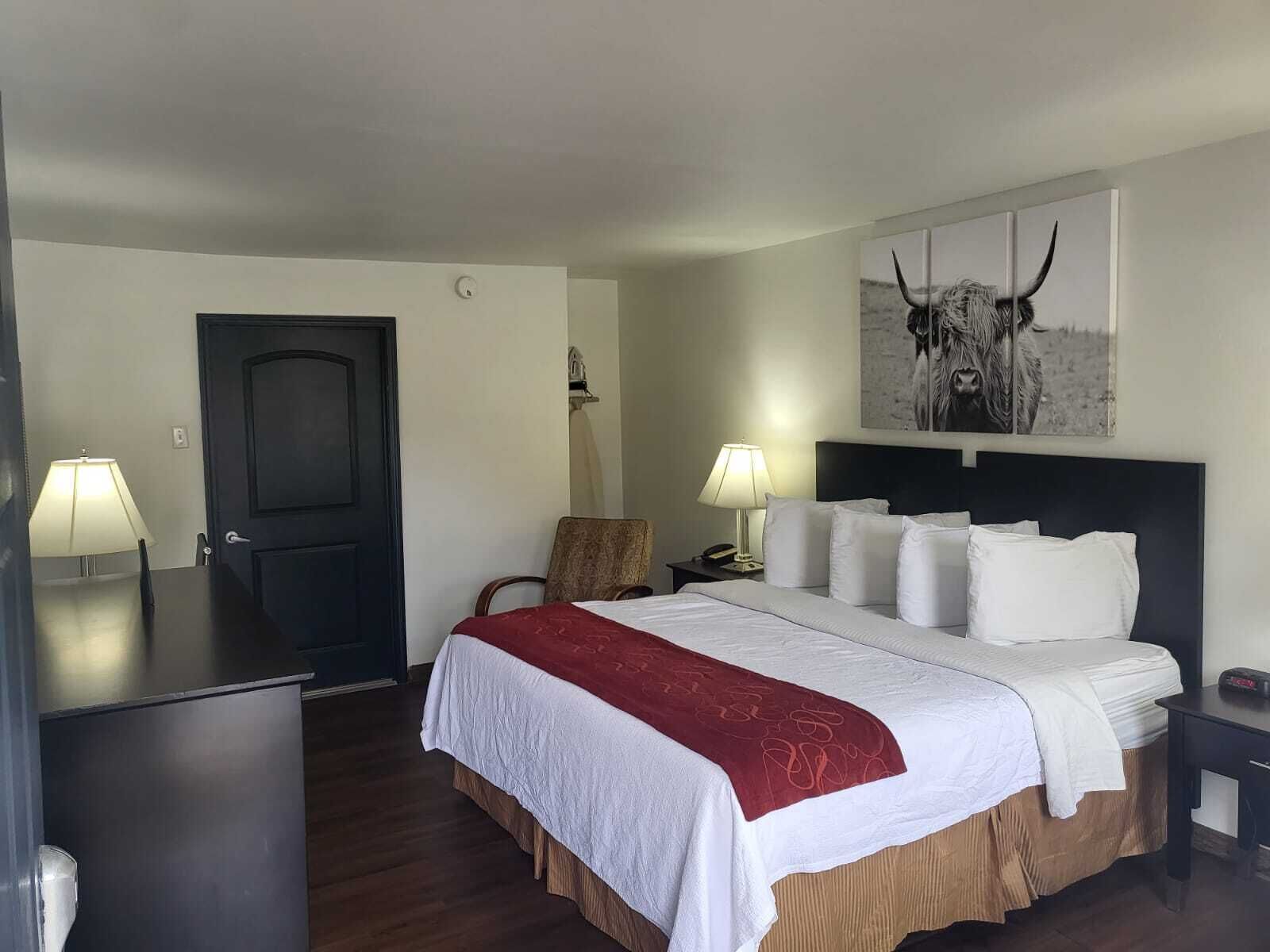 A hotel room with a large bed, two bedside lamps, a desk, a chair, and a door.