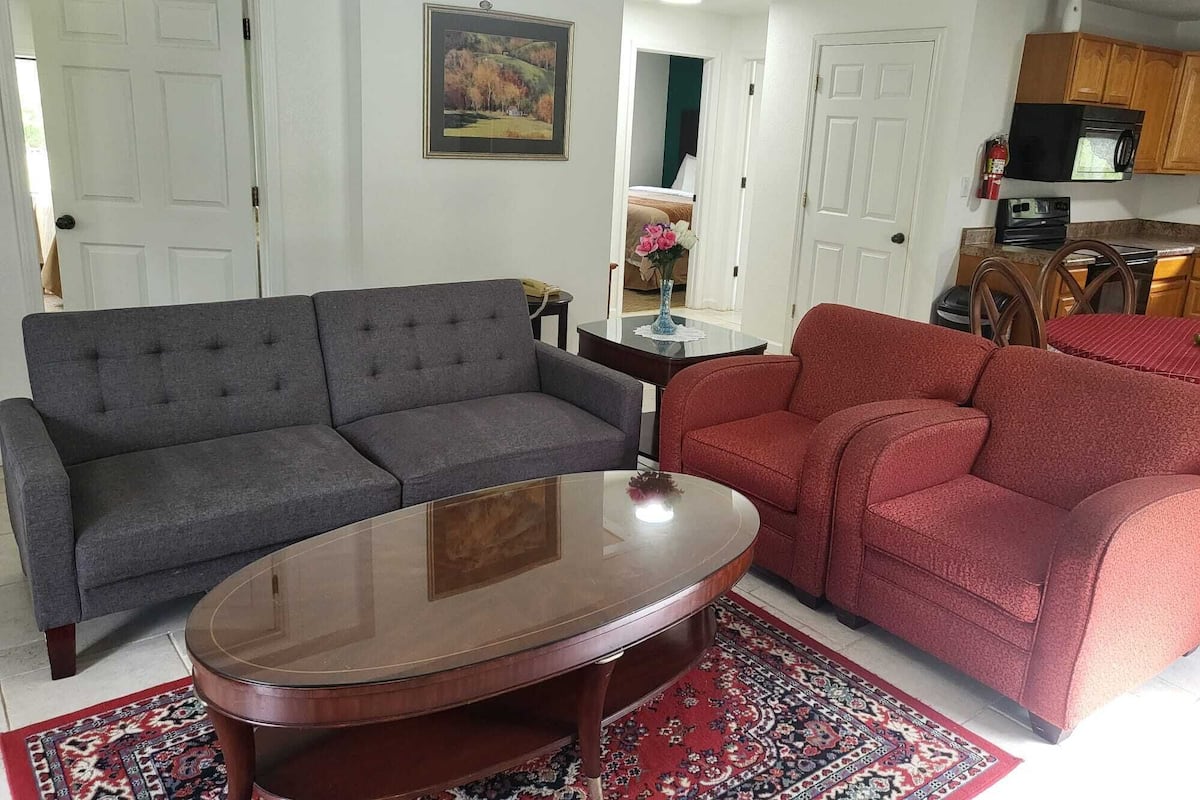 Un salon avec un canapé gris, un canapé rouge et une table basse en bois. Un tapis à motifs recouvre le sol.