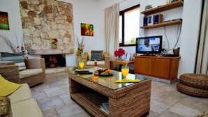 Uma sala de estar com parede de pedra, móveis de vime, lareira e televisão.