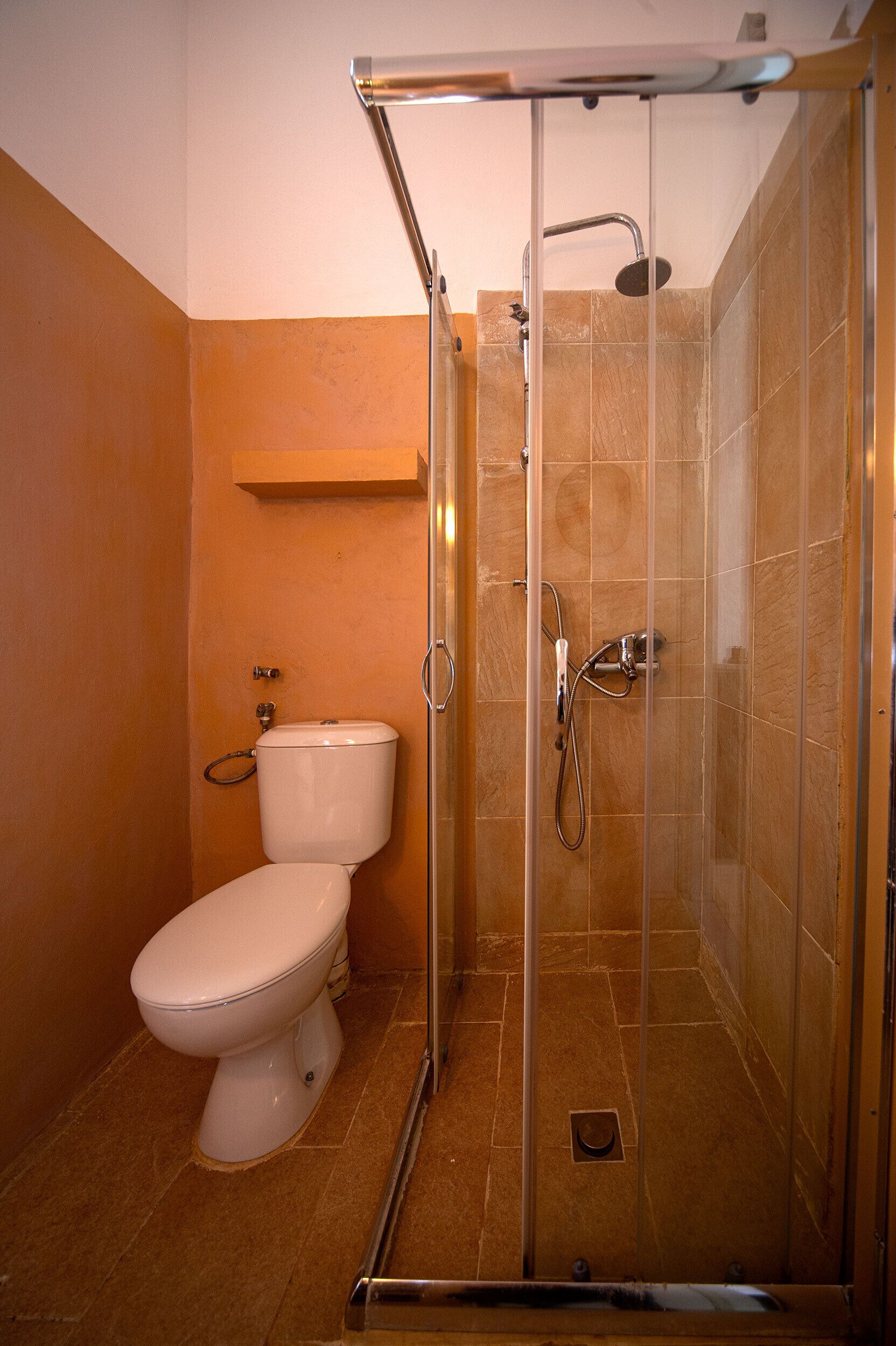 A bathroom with a glass-enclosed shower, a toilet, and a shelf above the toilet.