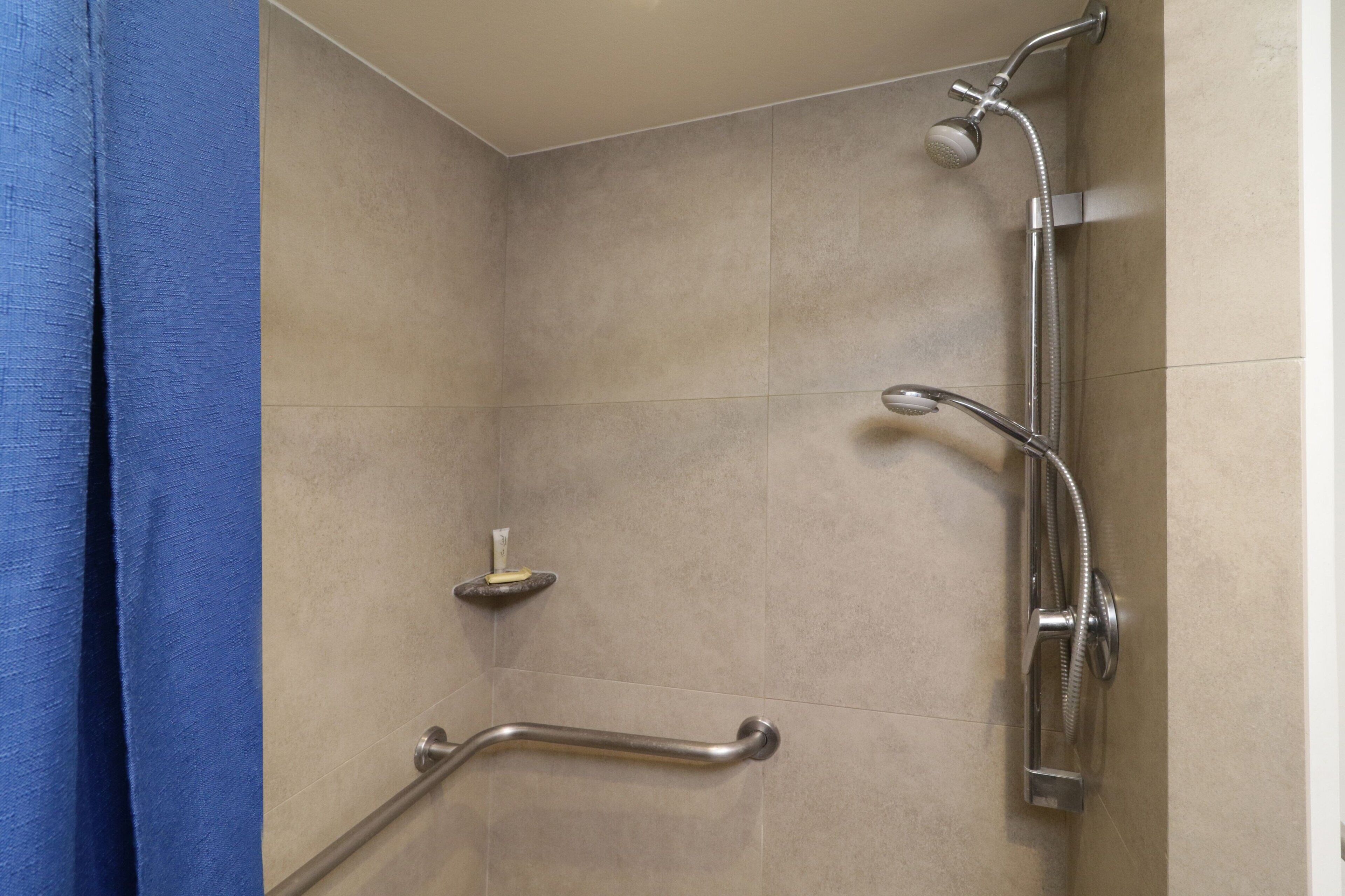 A corner shower with a handheld showerhead, a handheld faucet, and a grab bar.