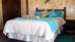Un dormitorio con cama, almohadas, una mesita de noche y un armario de madera.