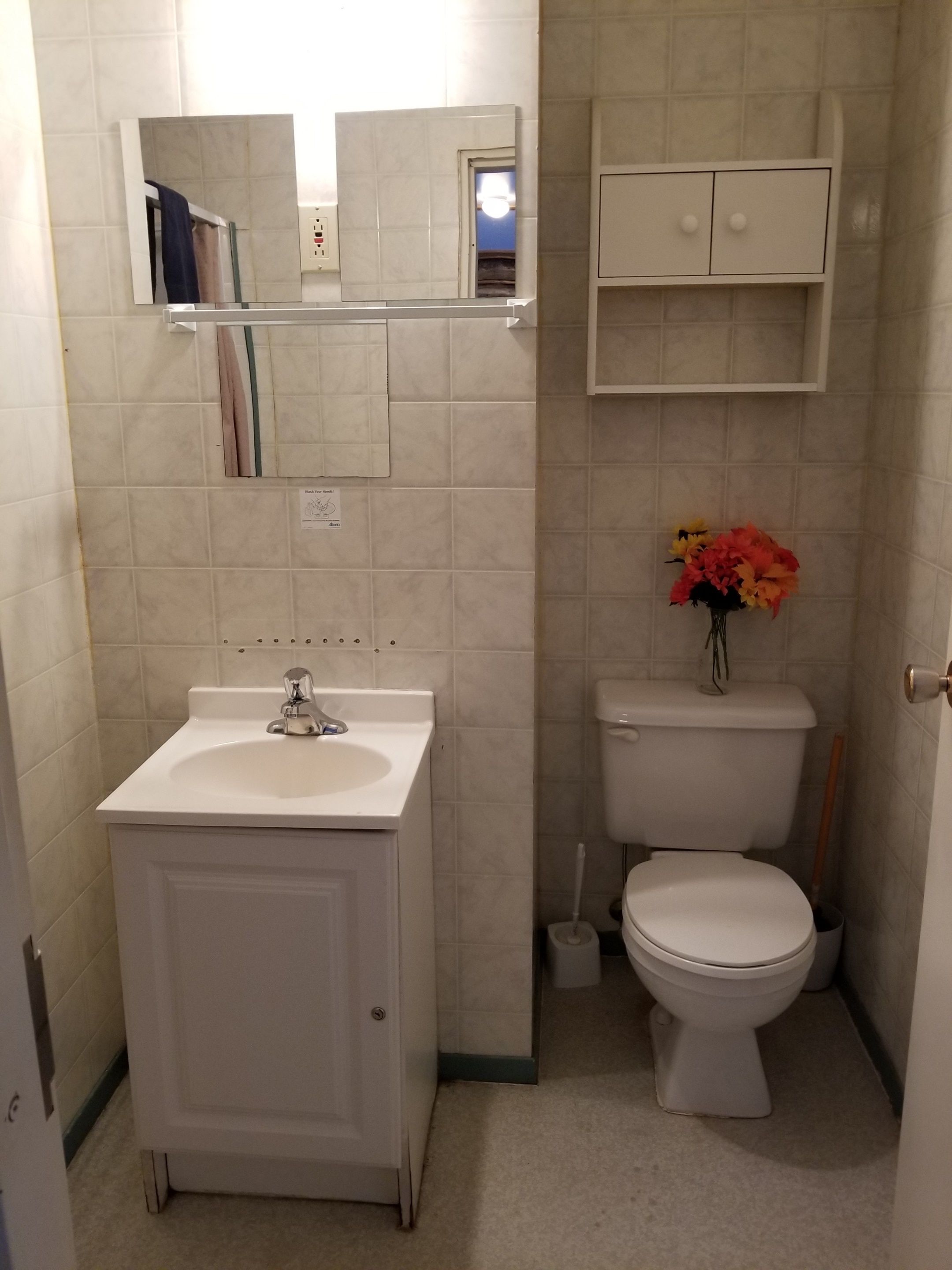 Un baño pequeño con un lavabo blanco, espejo y retrete. Hay un mueble pequeño sobre el lavabo y un florero con flores en el retrete.