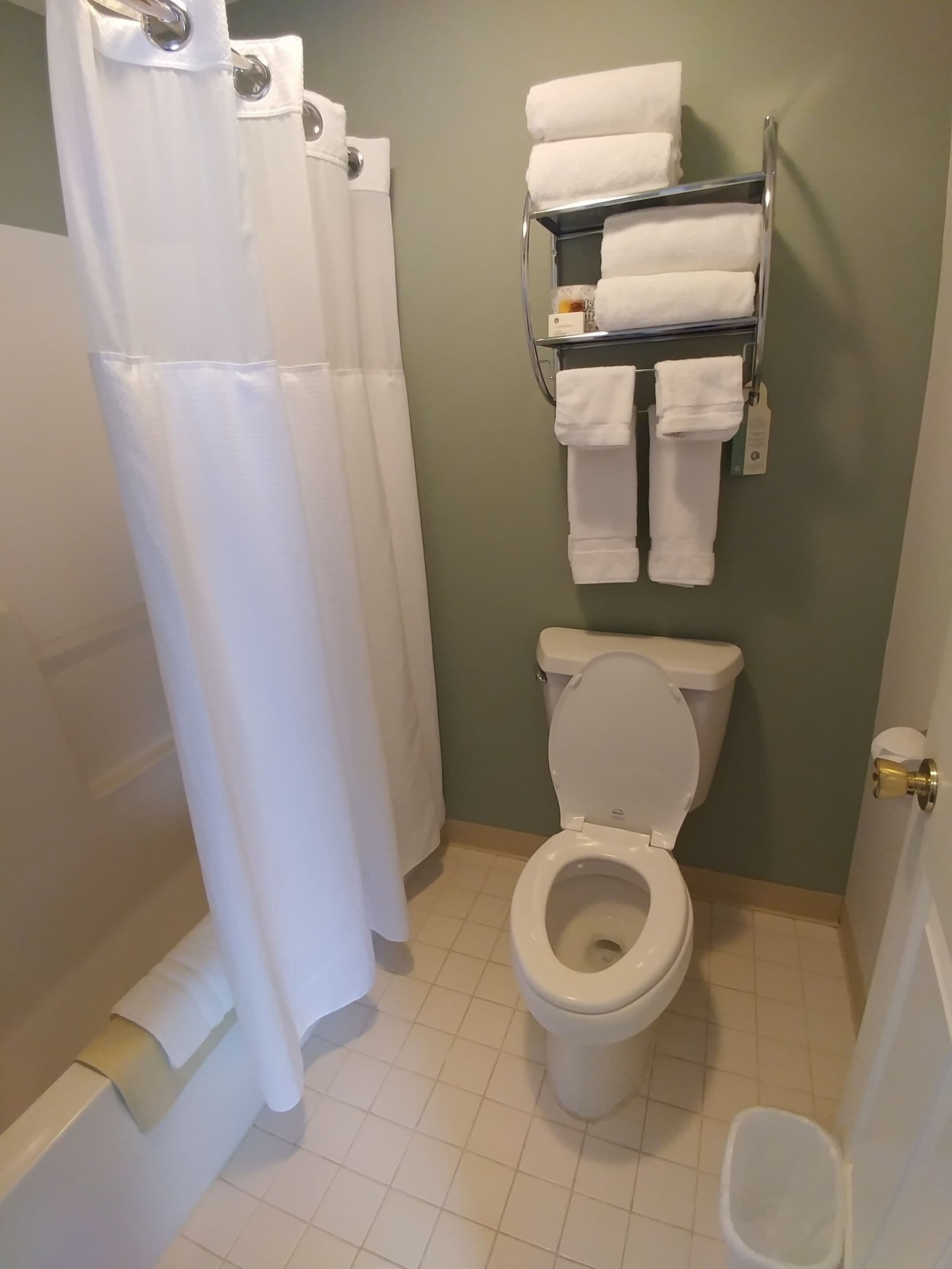 Ein Badezimmer mit Toilette, einer Duschvorhang, einem Handtuchhalter mit Handtüchern und einem Toilettenpapierhalter.