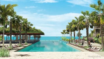 7 outdoor pools, pool umbrellas, sun loungers