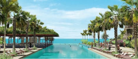 7 outdoor pools, pool umbrellas, sun loungers