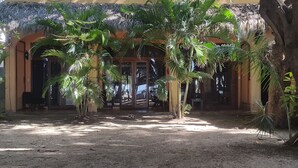A thatched-roof structure with a covered entrance, surrounded by palm trees and a dirt ground. - Hotel La Palapa (Tamarindo)