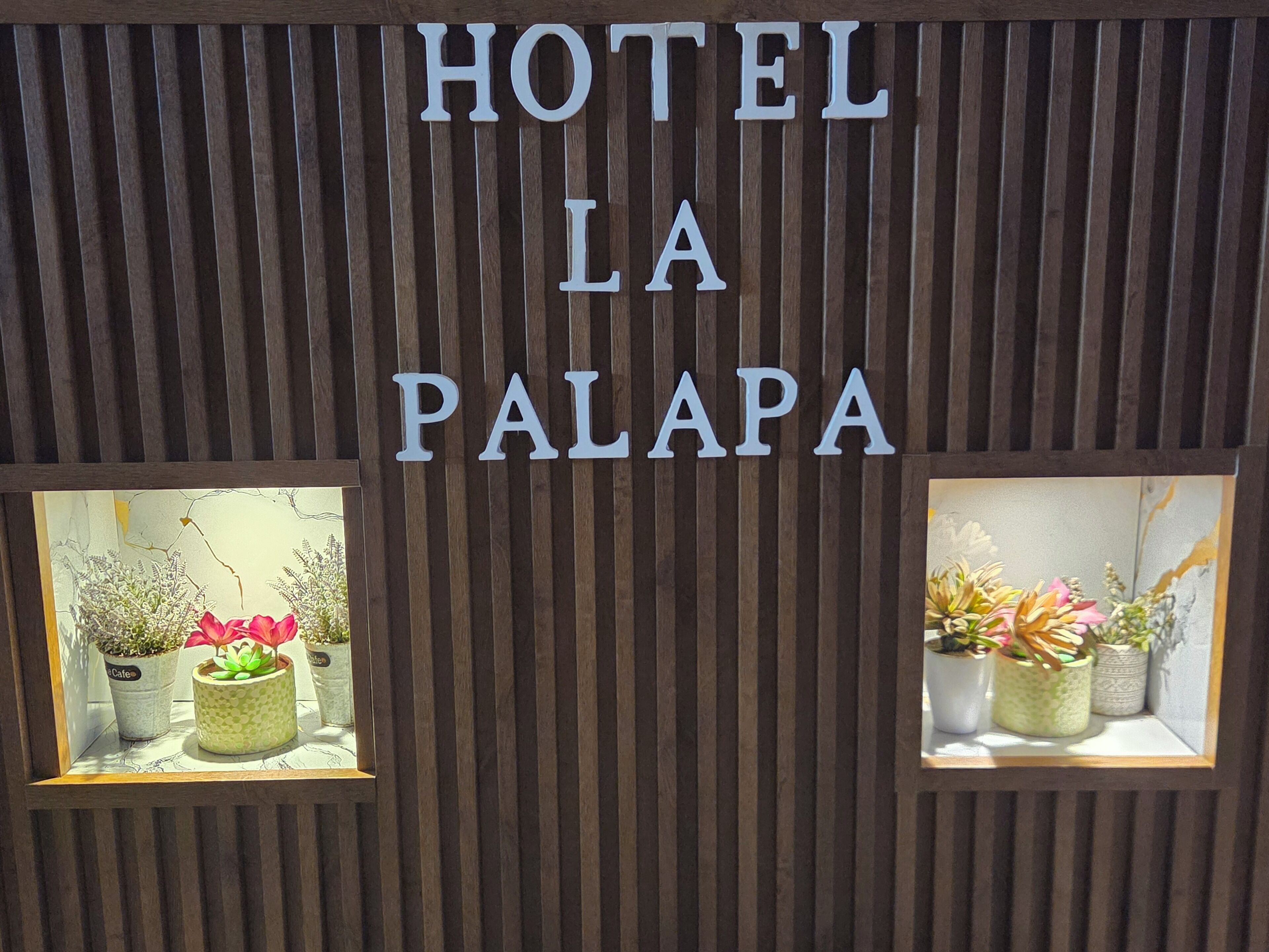A sign for 'HOTEL LA PALAPA' with vertical wooden slats and two small windows displaying potted plants.