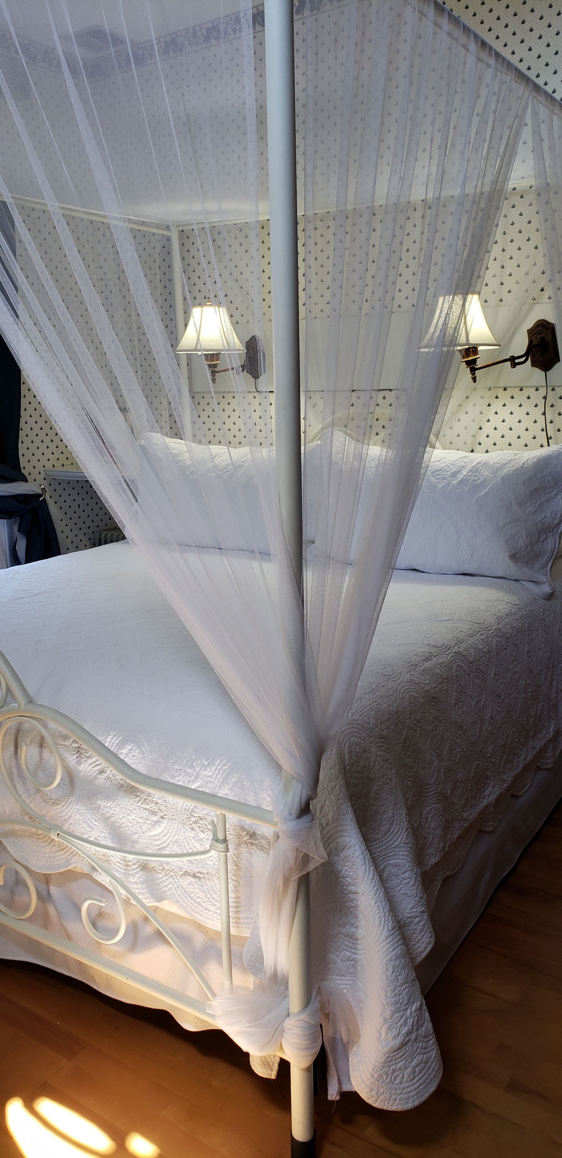 A bed with a canopy, a nightstand, and two wall-mounted lamps.