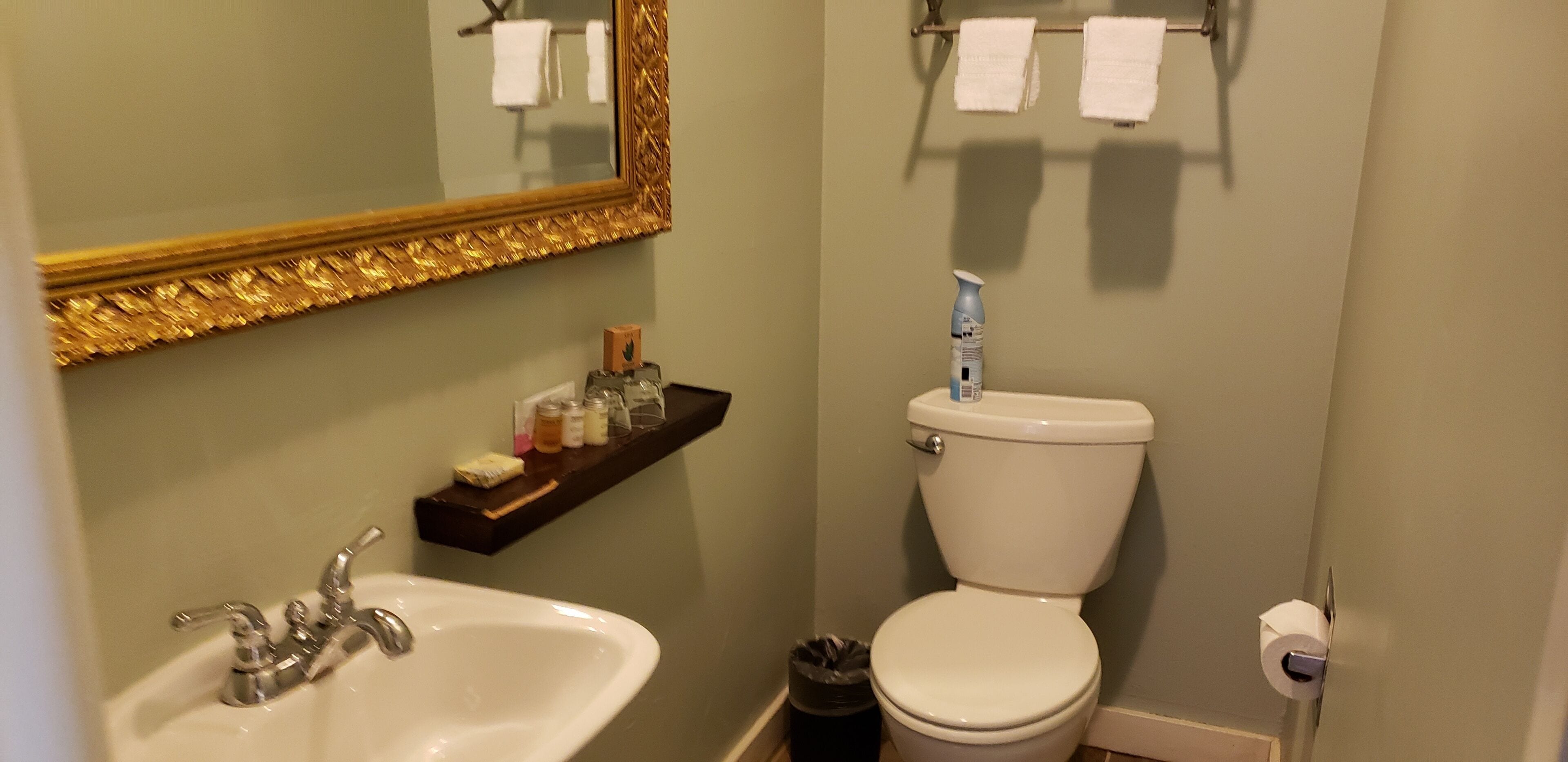 A bathroom with a sink, toilet, and a shelf with toiletries.