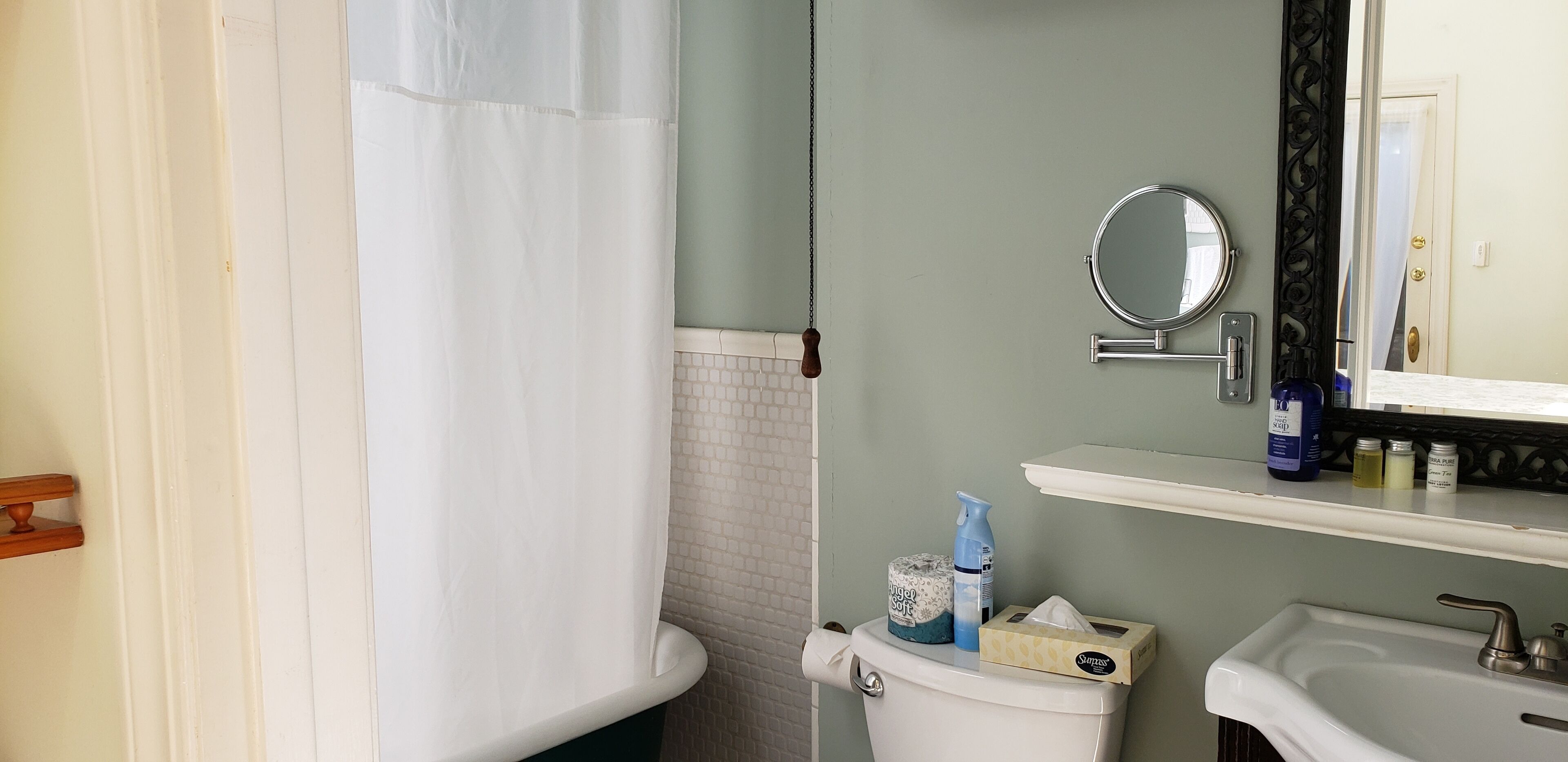 Ein Badezimmer mit Toilette, Waschbecken und Spiegel. Eine Duschvorhang, ein Handtuchhalter und Toilettenartikel befinden sich am Waschbecken.