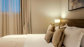 2 bedrooms, premium bedding, blackout curtains, soundproofing