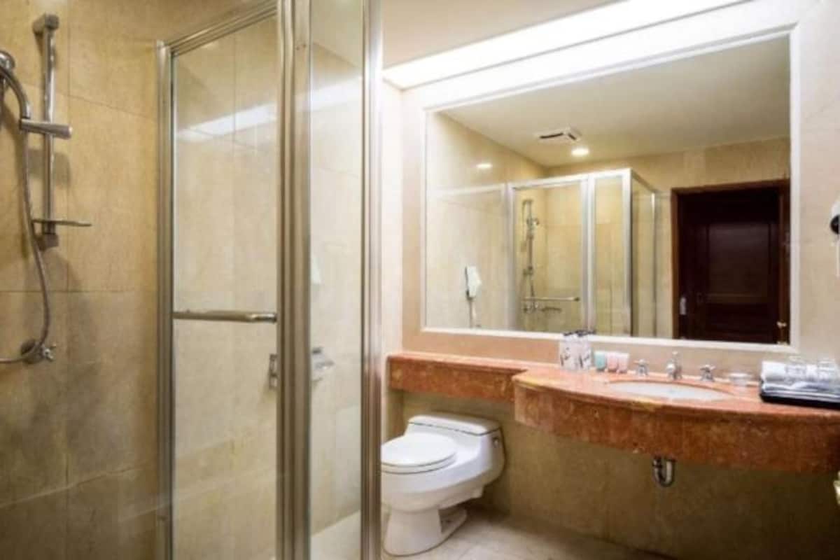 A bathroom with a glass shower enclosure, a white toilet, and a marble countertop with a sink and mirror.