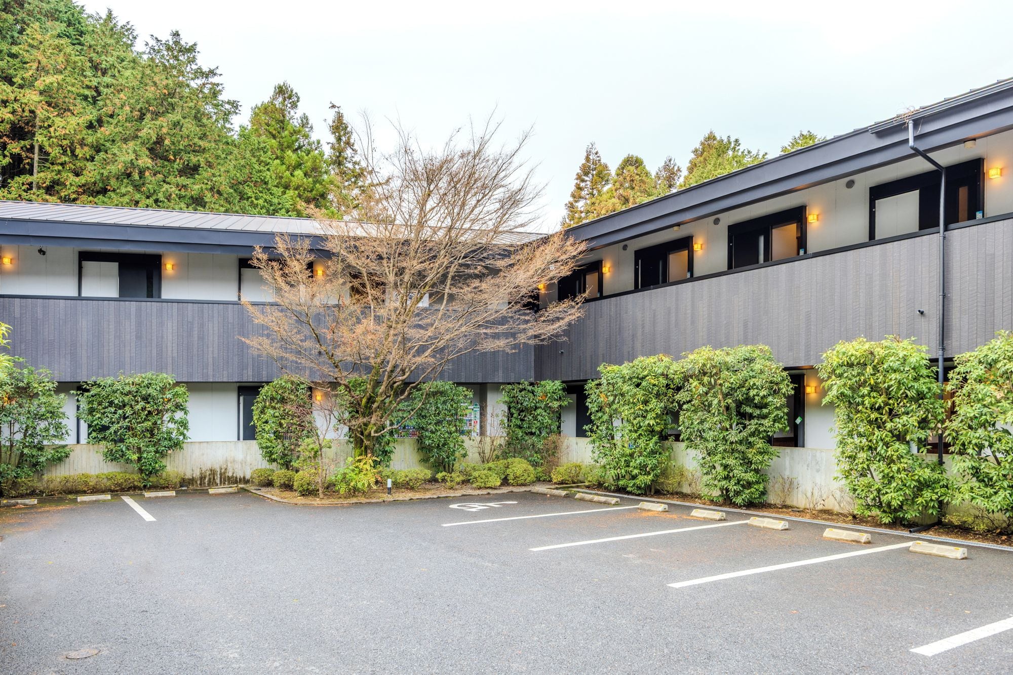 A modern building with a parking lot, surrounded by greenery and trees.