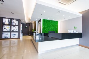 A modern reception area with a green wall, a reception desk, and a series of framed pictures on the wall.