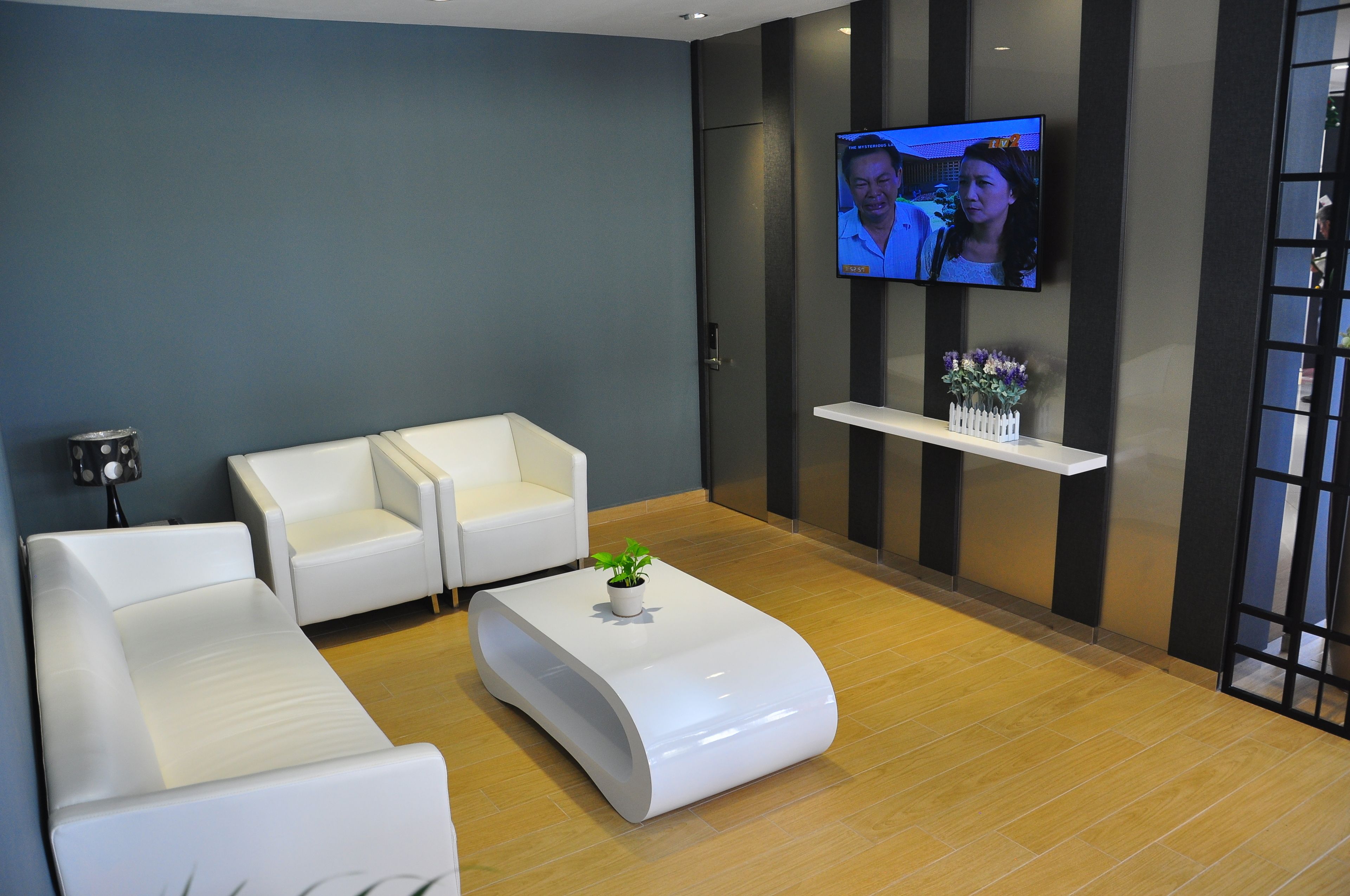 A modern waiting area with white sofas, a curved coffee table with a plant, a TV mounted on the wall, and a small shelf with flowers.