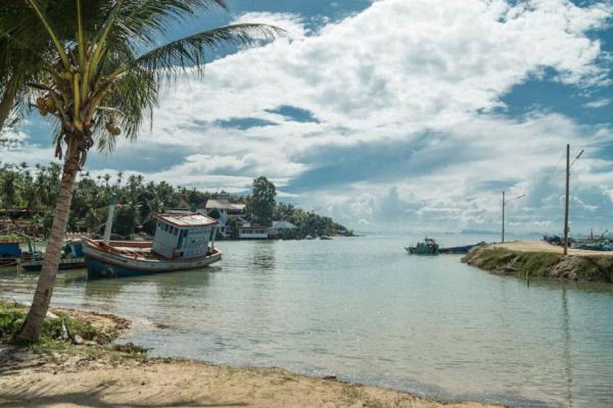 Un río tranquilo con barcas, un pequeño embarcadero y una isla distante con edificios.