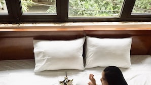 Una cama con ropa blanca, una ventana con vista a la vegetación y un libro sobre la cama.