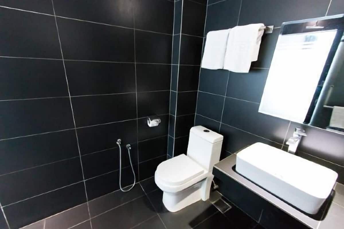 Modern bathroom features a white toilet, sink, and handheld showerhead.
