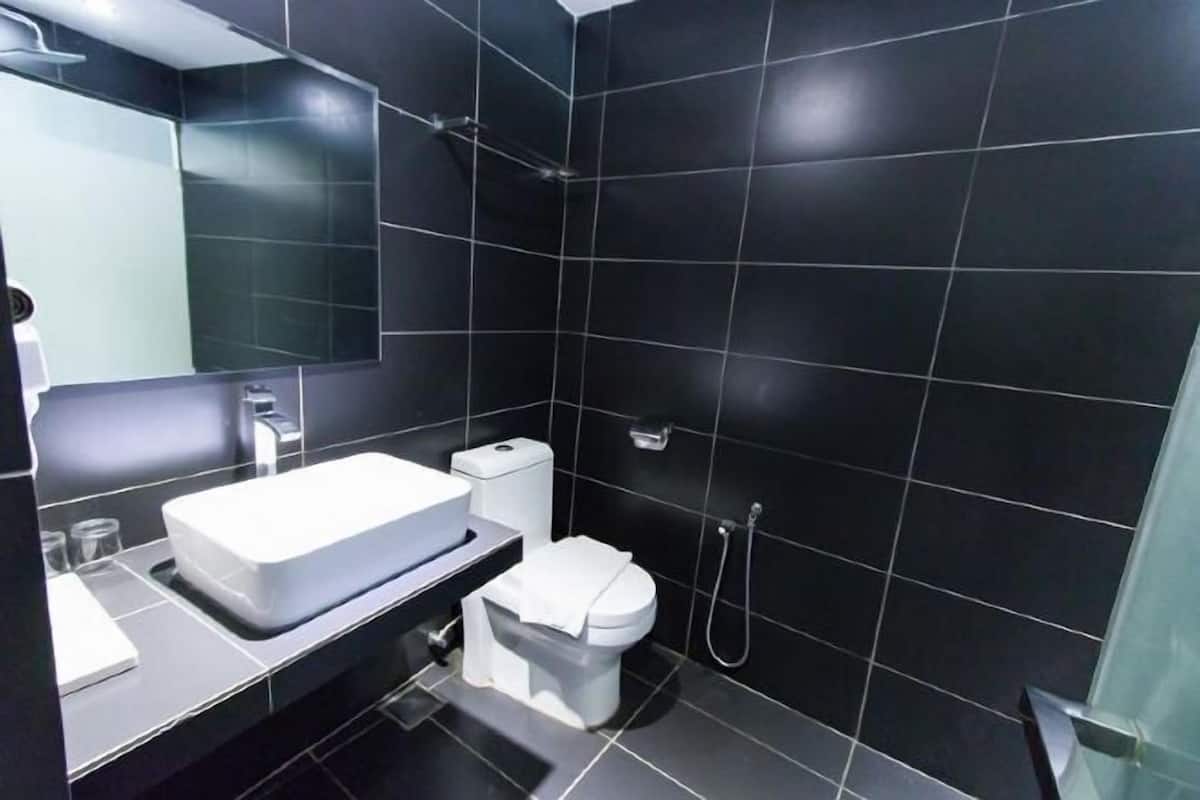 Features a sleek bathroom with a large mirror, white sink, separate toilet, and handheld showerhead.