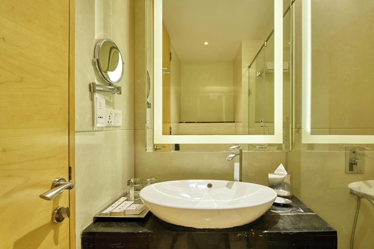 grand room | bathroom | shower, free toiletries, hair dryer, bathrobes