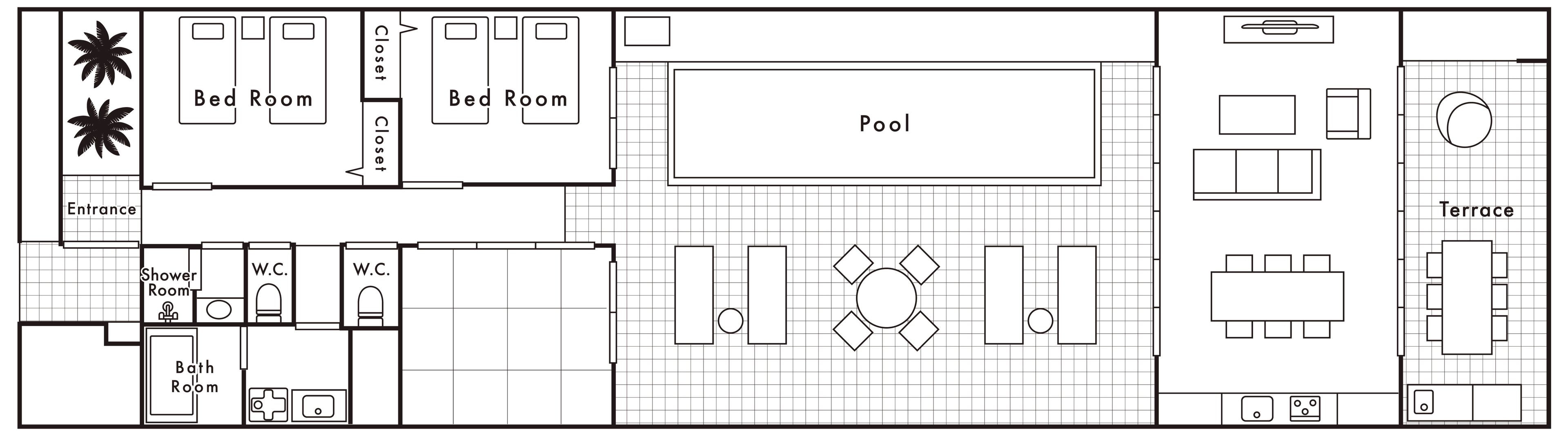 A floor plan with a bed room, closet, shower room, W.C., bathroom, pool, terrace, and a dining area.