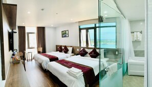 Habitación de hotel con dos camas, un ventanal con vistas, ducha con cerramiento de vidrio y televisión de pantalla plana.