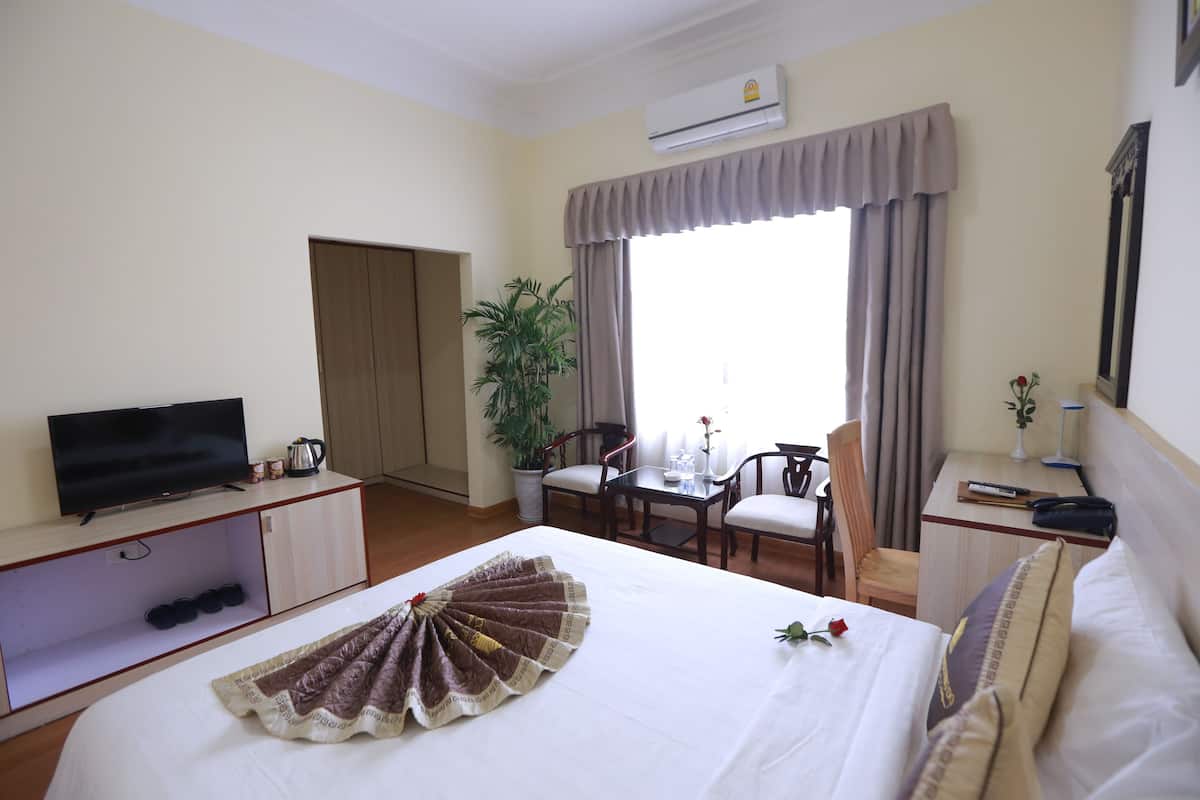 A hotel room with a bed, a TV, a desk, a chair, a potted plant, and a window with curtains.