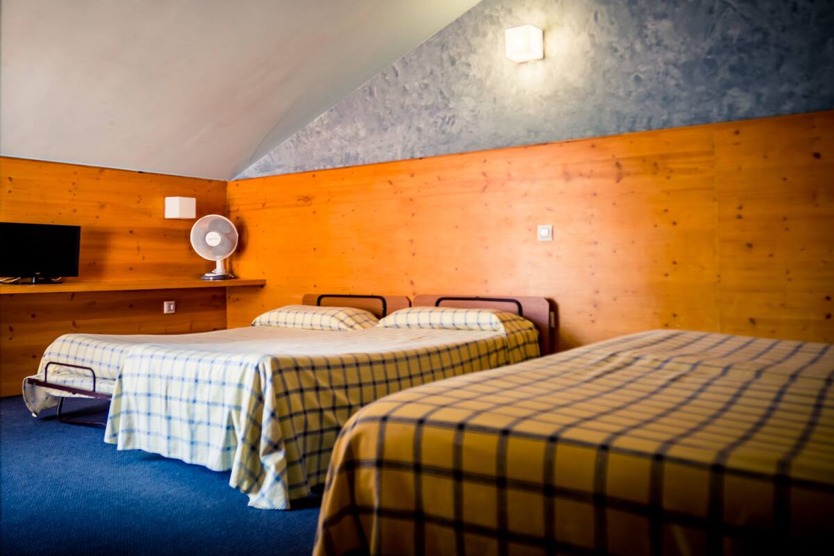 A room with two beds, a television, and a fan.