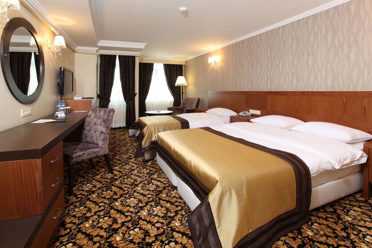 Habitación de hotel con una cama grande, un escritorio con una silla, televisión y baño con ducha y retrete.