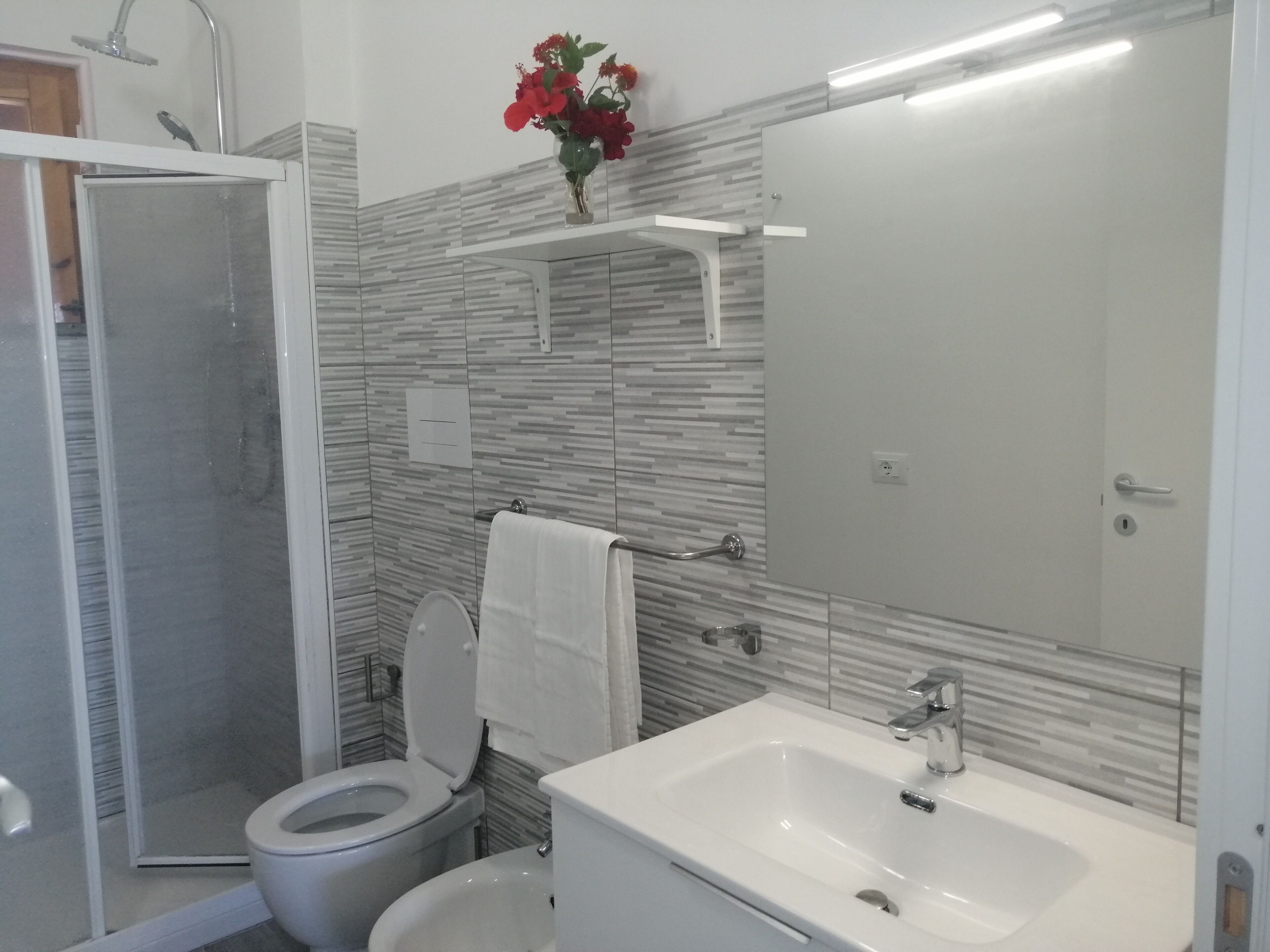 Un baño con ducha, inodoro, lavabo y espejo.