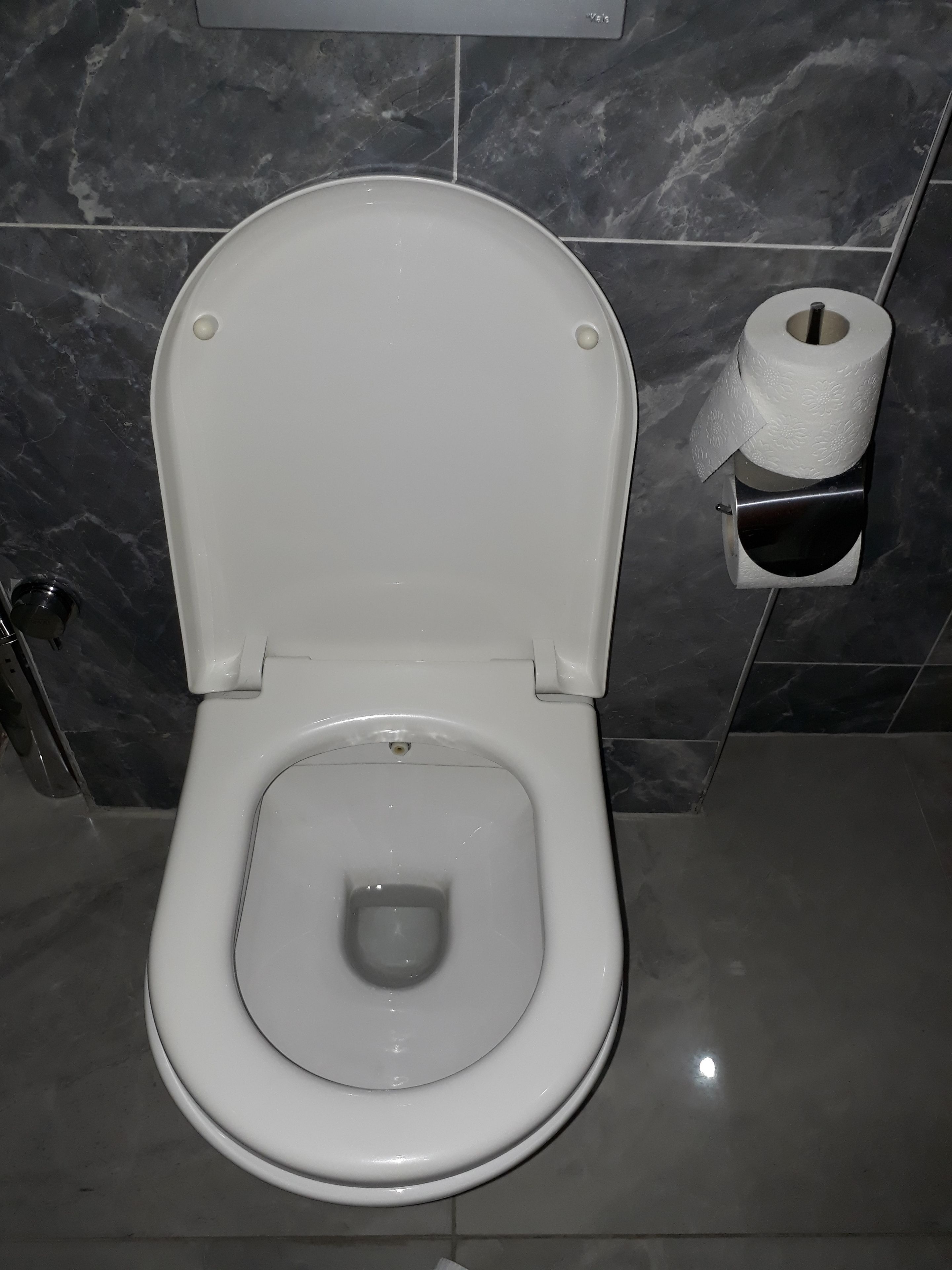 Un waterino bianco con il coperchio abbassato, un portasciugamani di carta sulla parete a destra e un pavimento piastrellato in marmo.