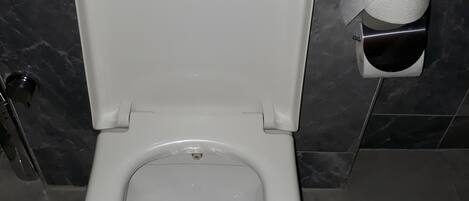 Un waterino bianco con il coperchio abbassato, un portasciugamani di carta sulla parete a destra e un pavimento piastrellato in marmo.