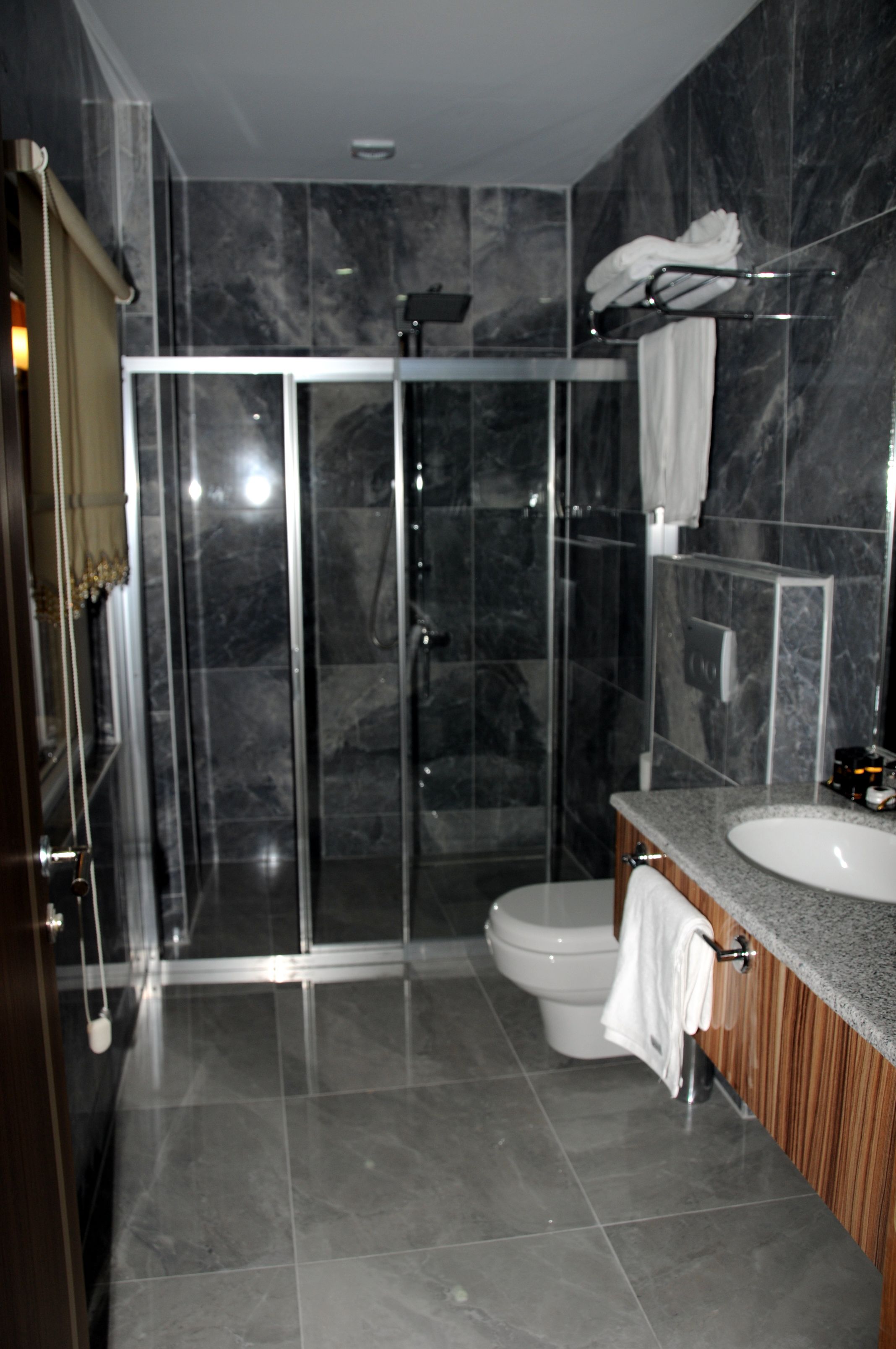 A modern bathroom with a glass-enclosed shower, a toilet, and a vanity with a sink.