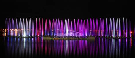 A nighttime view of a water fountain display with multiple jets of water illuminated in various colors.
