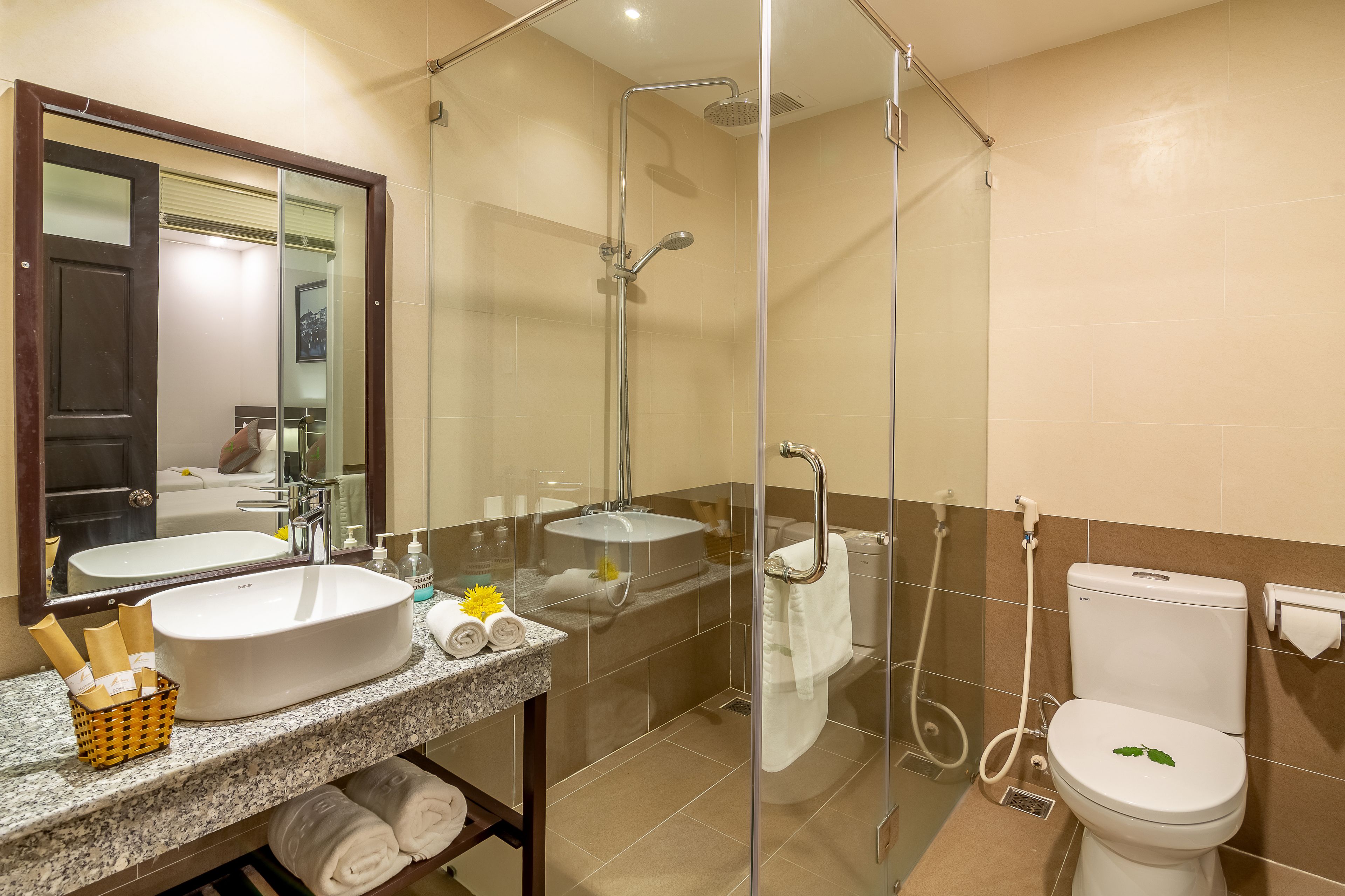 free toiletries, hair dryer, bathrobes, slippers