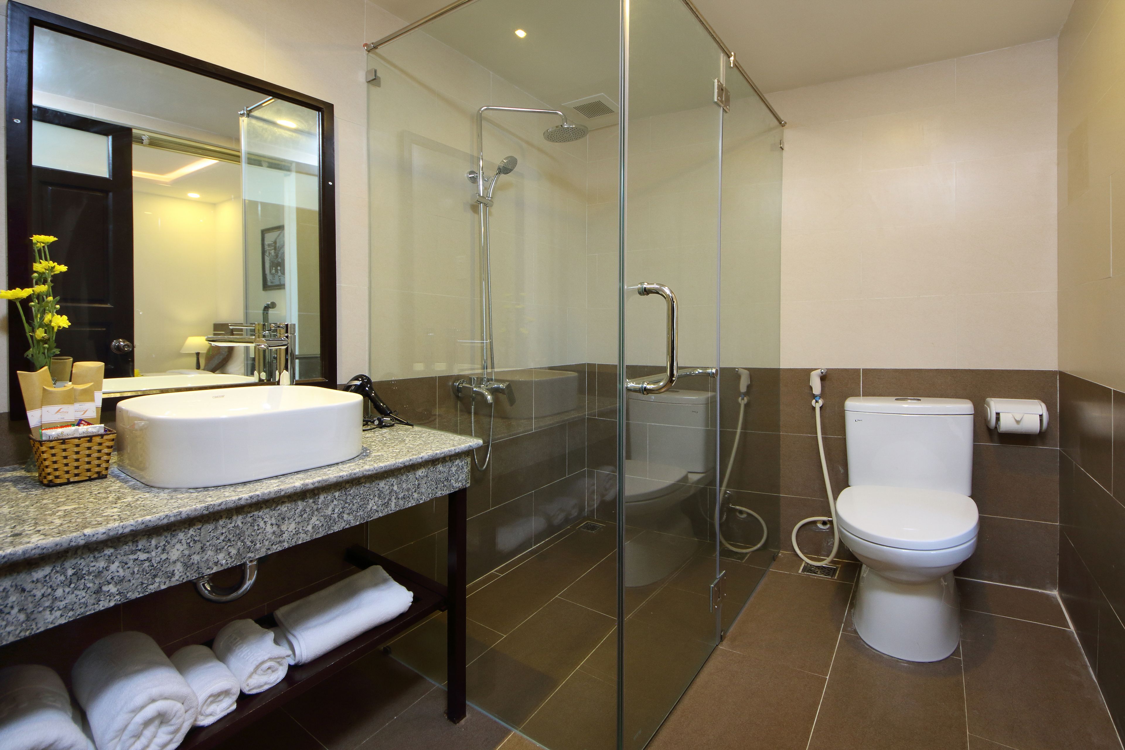 free toiletries, hair dryer, bathrobes, slippers