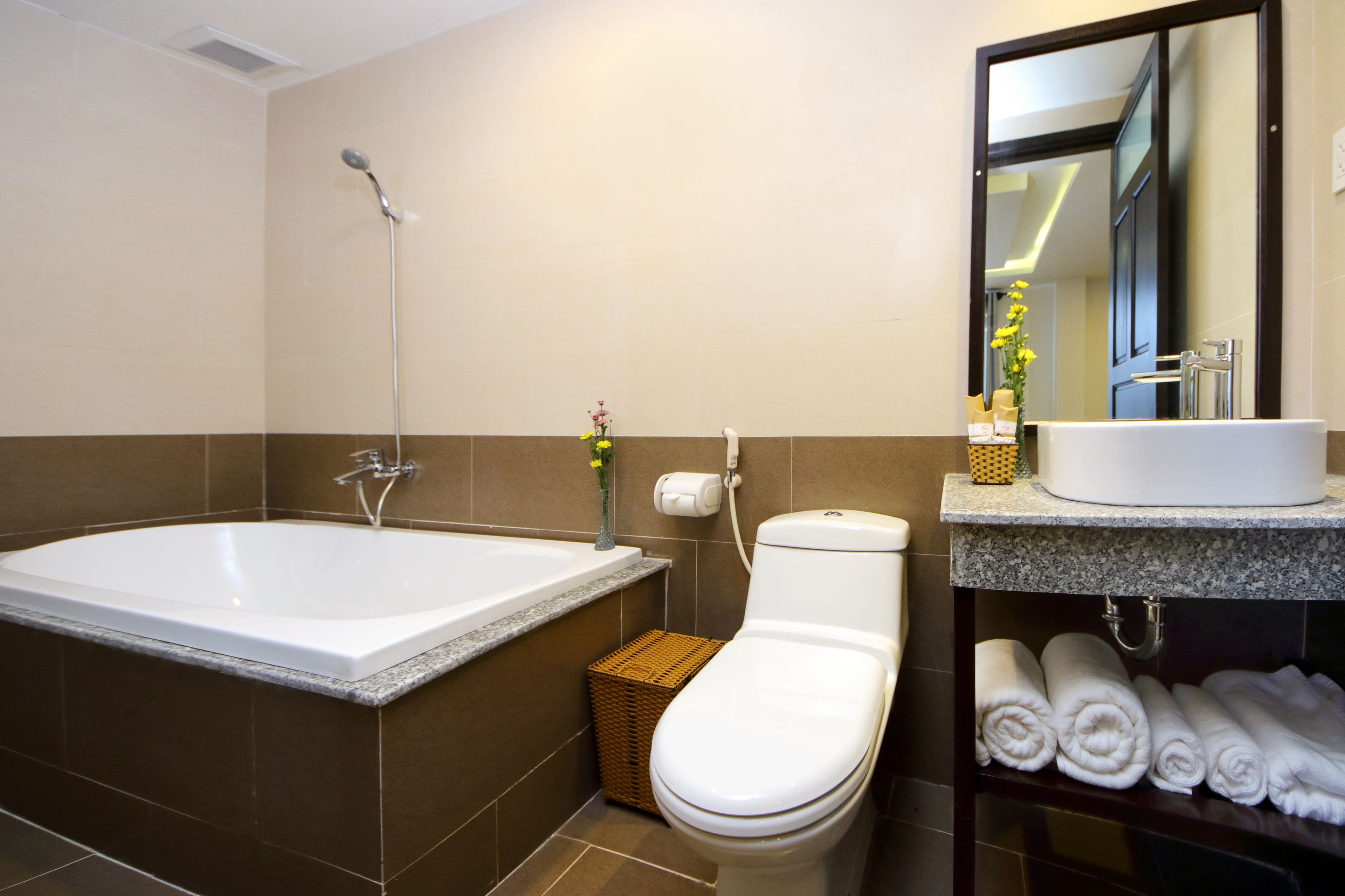 free toiletries, hair dryer, bathrobes, slippers