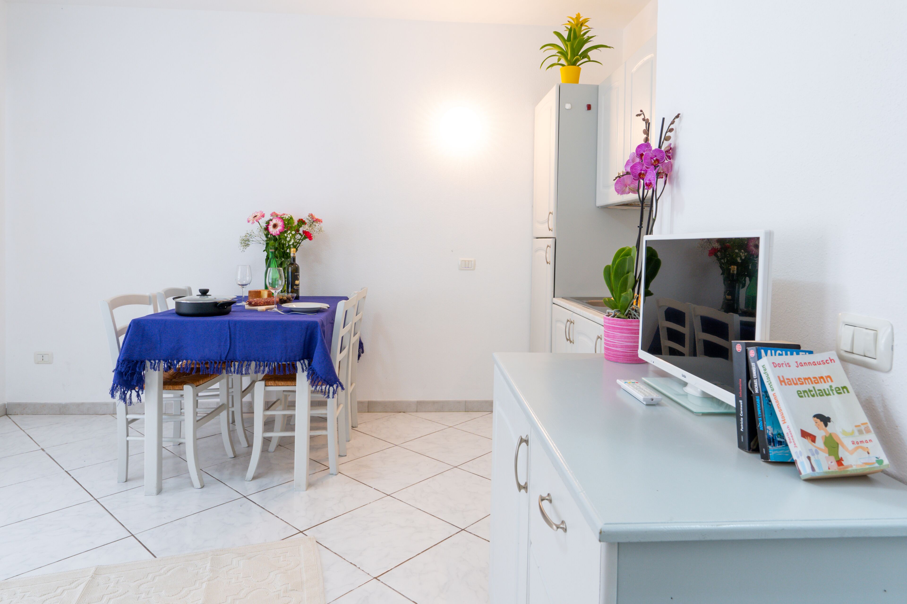Una habitación pequeña y limpia con una mesa de comedor, sillas, un refrigerador blanco, un televisor y algunos libros.