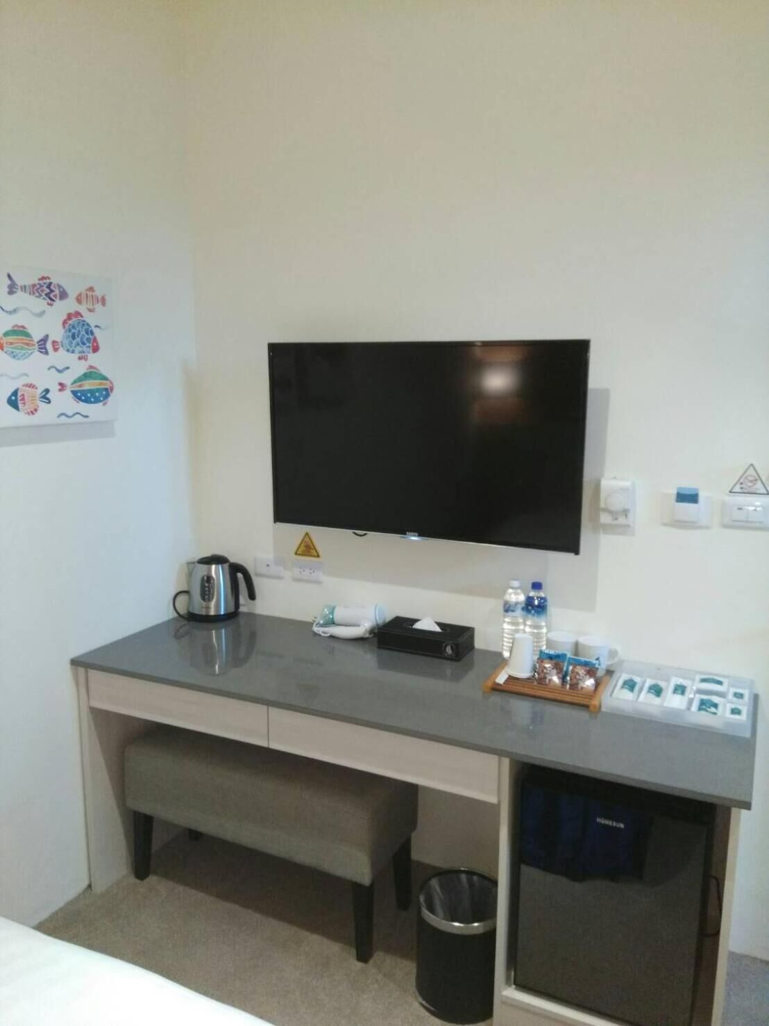 desk, blackout curtains, free wifi