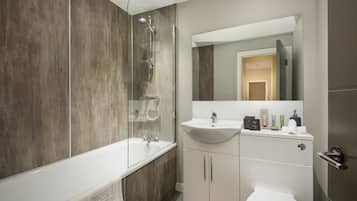 Shower, free toiletries, hair dryer, towels