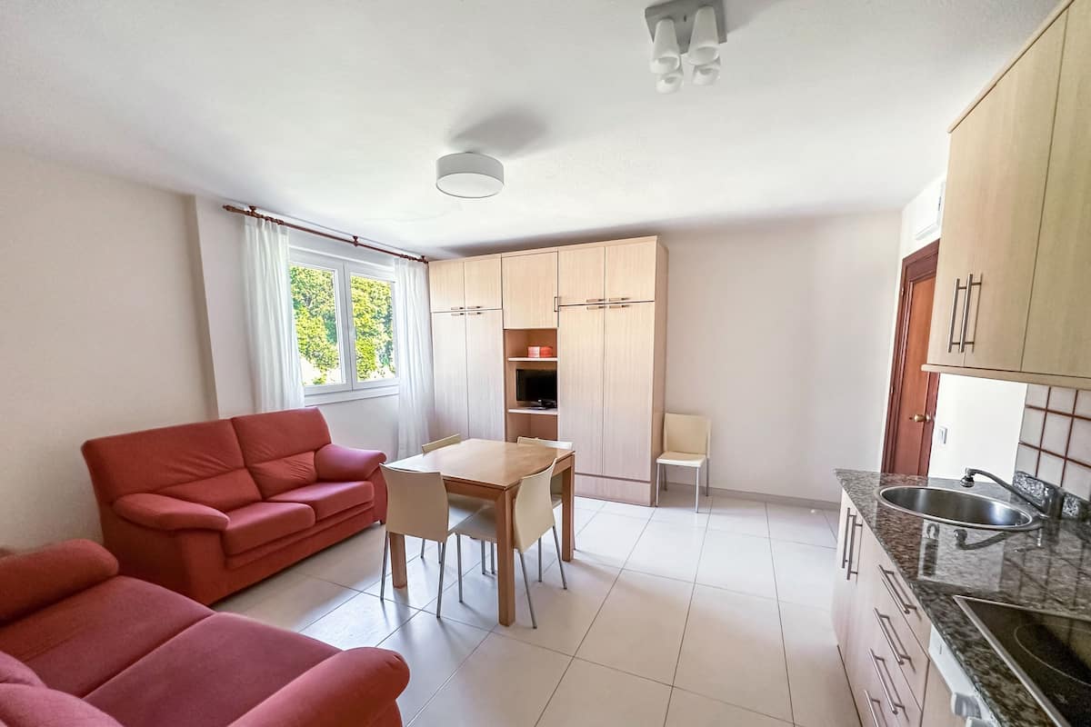 A compact living space with a sofa, dining table, chairs, a kitchen area with cabinets and a sink, and a window with curtains.