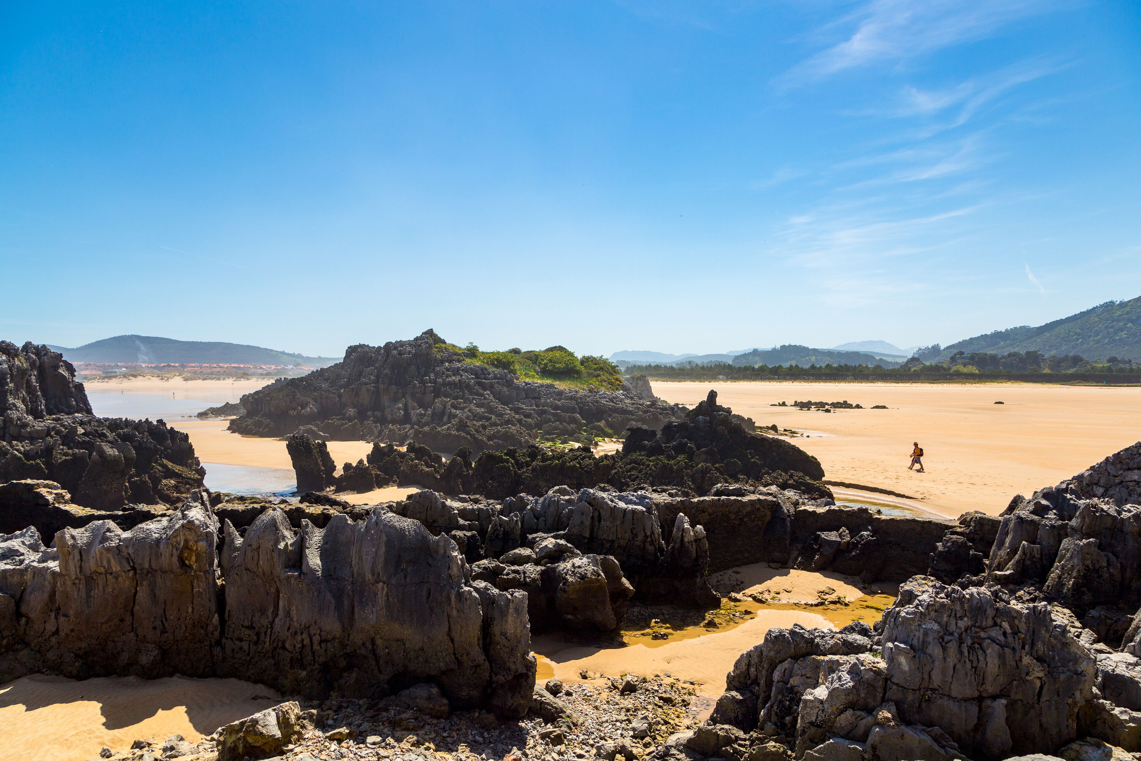 A rocky beach with a clear sky.